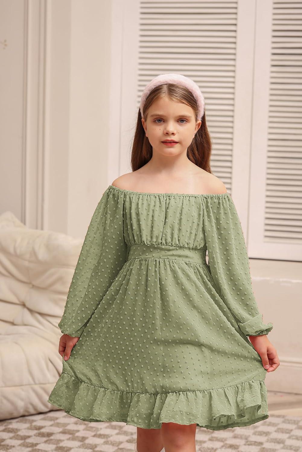 imageGRACE KARIN Girls Ruffle Tiered Dress Long Sleeve Swiss Dot Flowy ALine Dress 614YSage Green