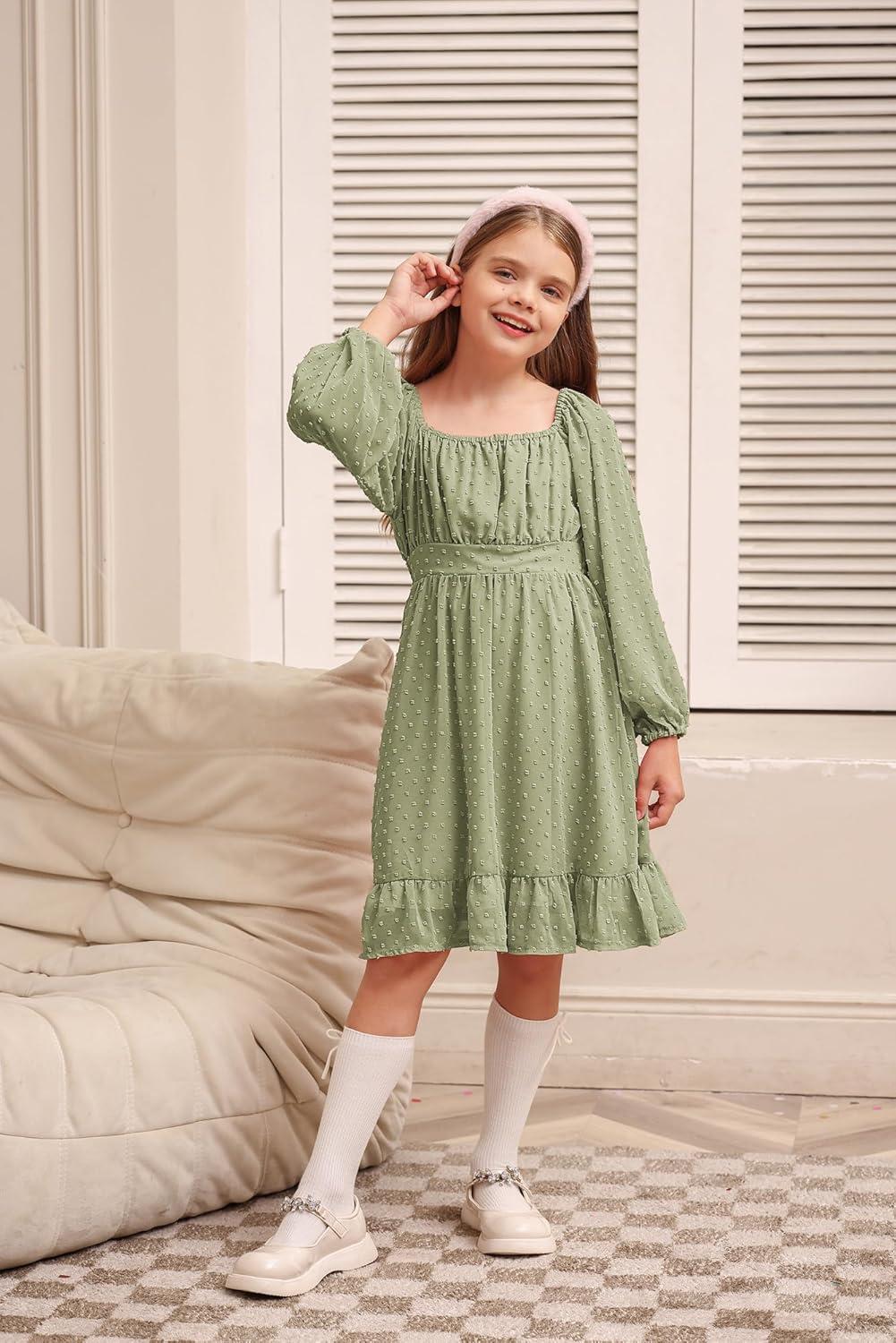 imageGRACE KARIN Girls Ruffle Tiered Dress Long Sleeve Swiss Dot Flowy ALine Dress 614YSage Green