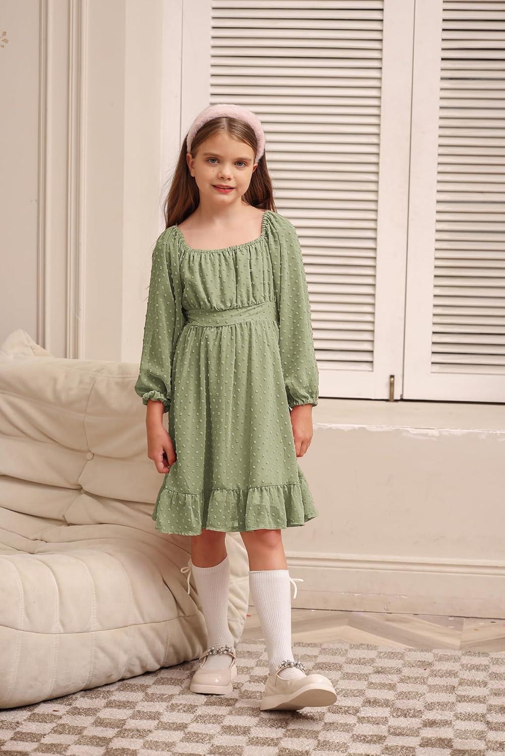 imageGRACE KARIN Girls Ruffle Tiered Dress Long Sleeve Swiss Dot Flowy ALine Dress 614YSage Green