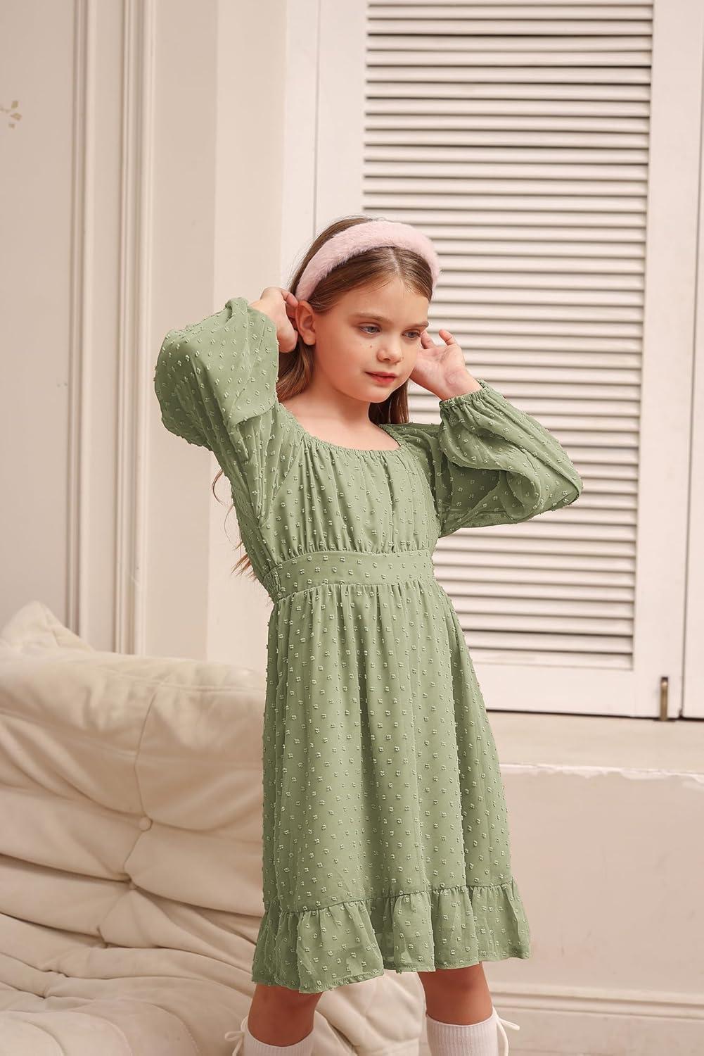 imageGRACE KARIN Girls Ruffle Tiered Dress Long Sleeve Swiss Dot Flowy ALine Dress 614YSage Green