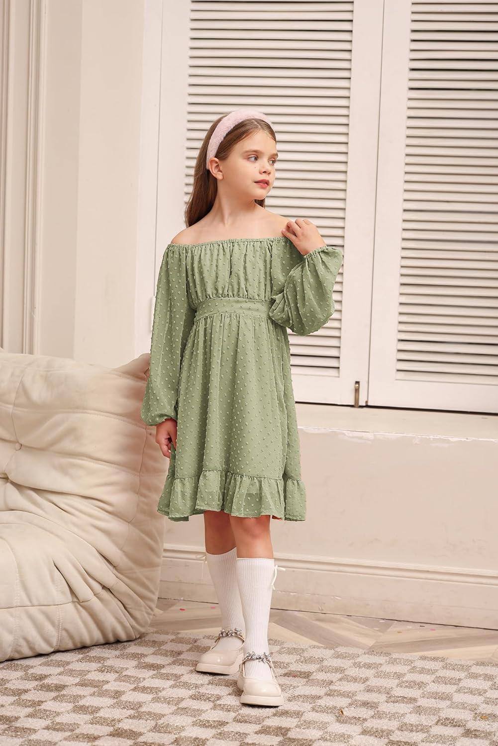 imageGRACE KARIN Girls Ruffle Tiered Dress Long Sleeve Swiss Dot Flowy ALine Dress 614YSage Green