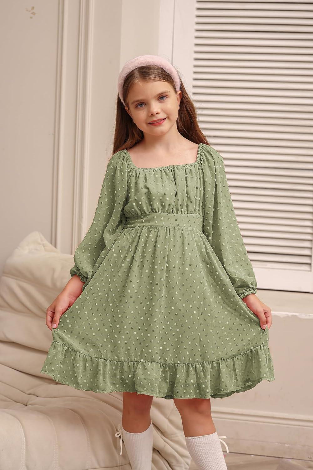 imageGRACE KARIN Girls Ruffle Tiered Dress Long Sleeve Swiss Dot Flowy ALine Dress 614YSage Green