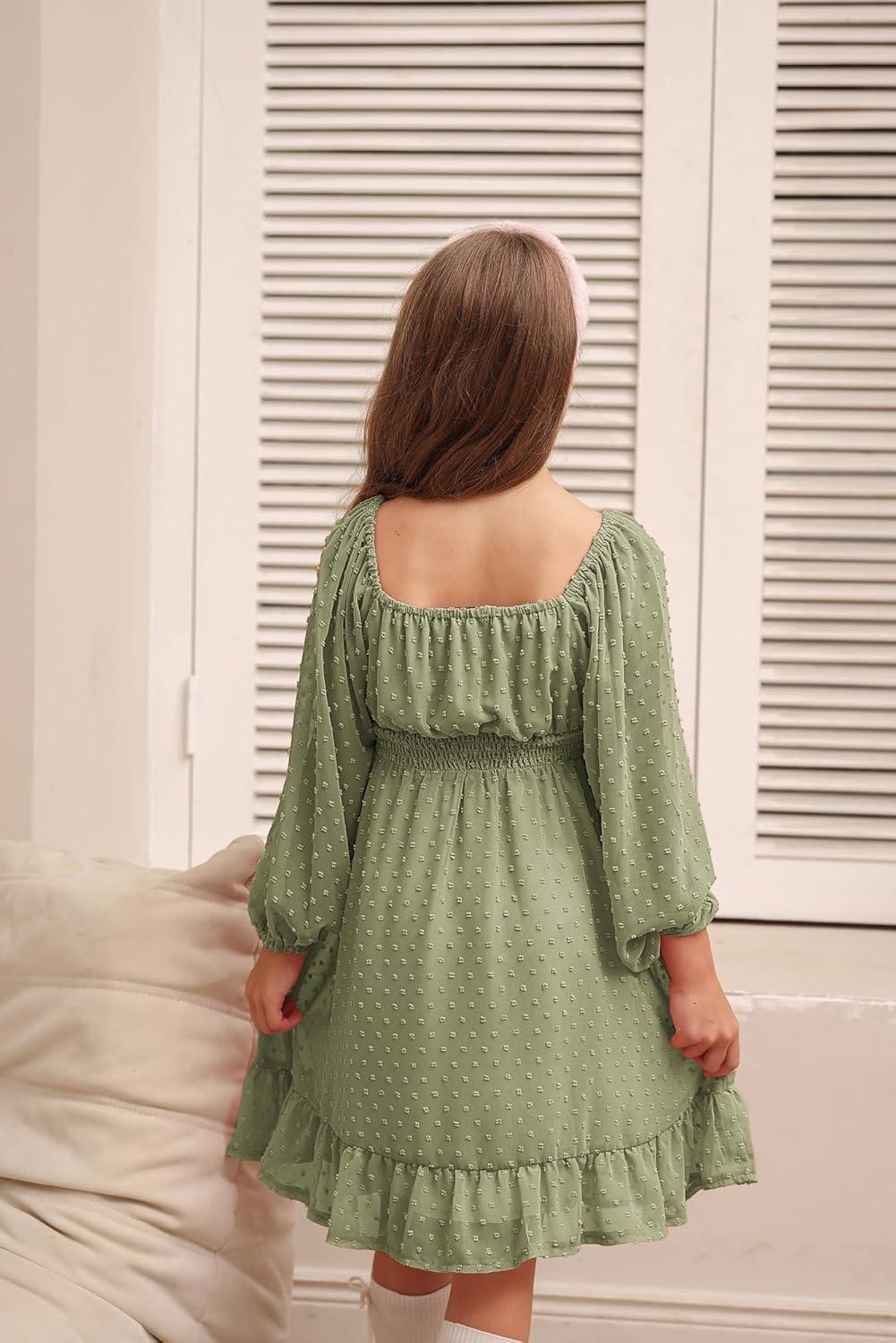 imageGRACE KARIN Girls Ruffle Tiered Dress Long Sleeve Swiss Dot Flowy ALine Dress 614YSage Green