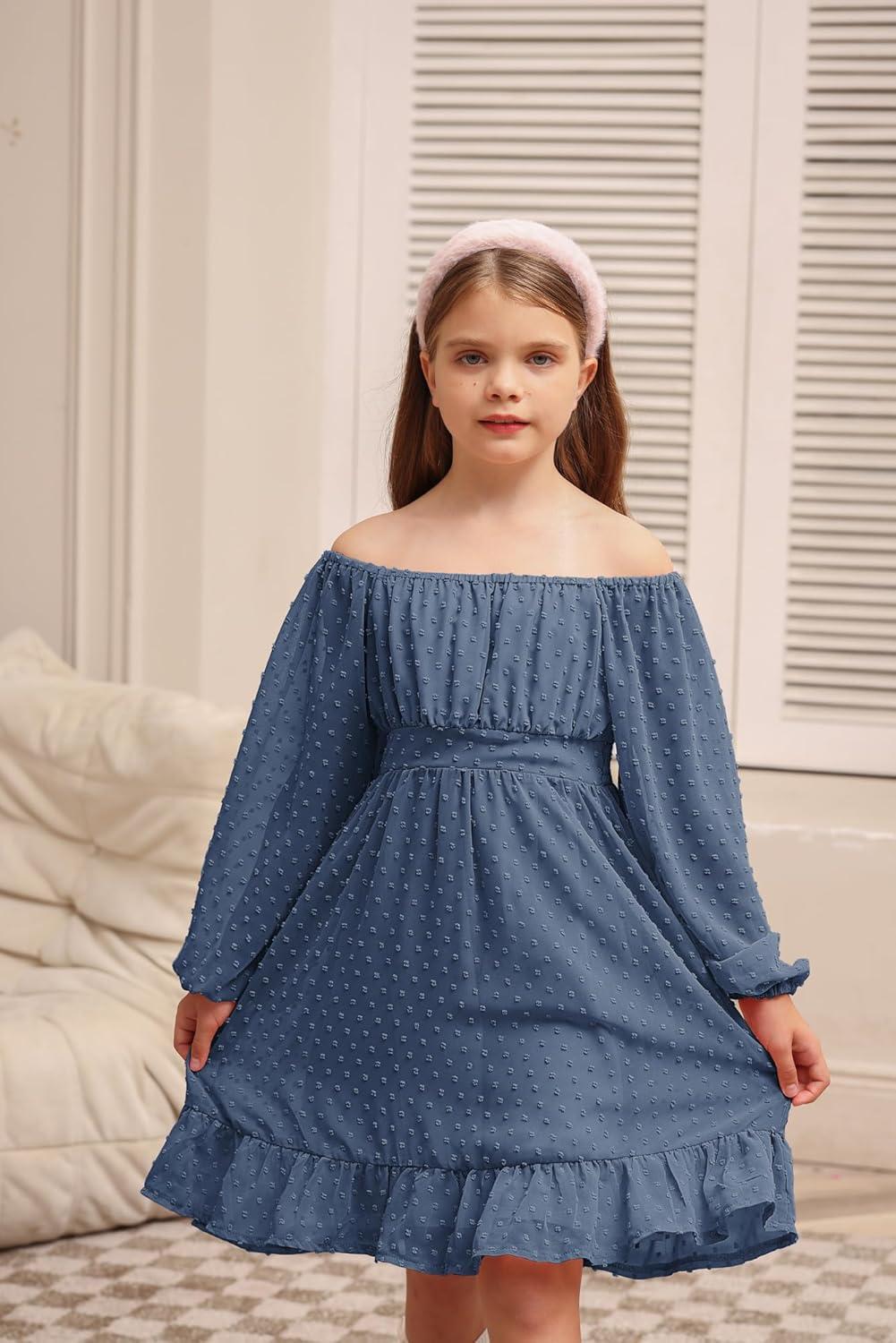 imageGRACE KARIN Girls Ruffle Tiered Dress Long Sleeve Swiss Dot Flowy ALine Dress 614YSteel Blue