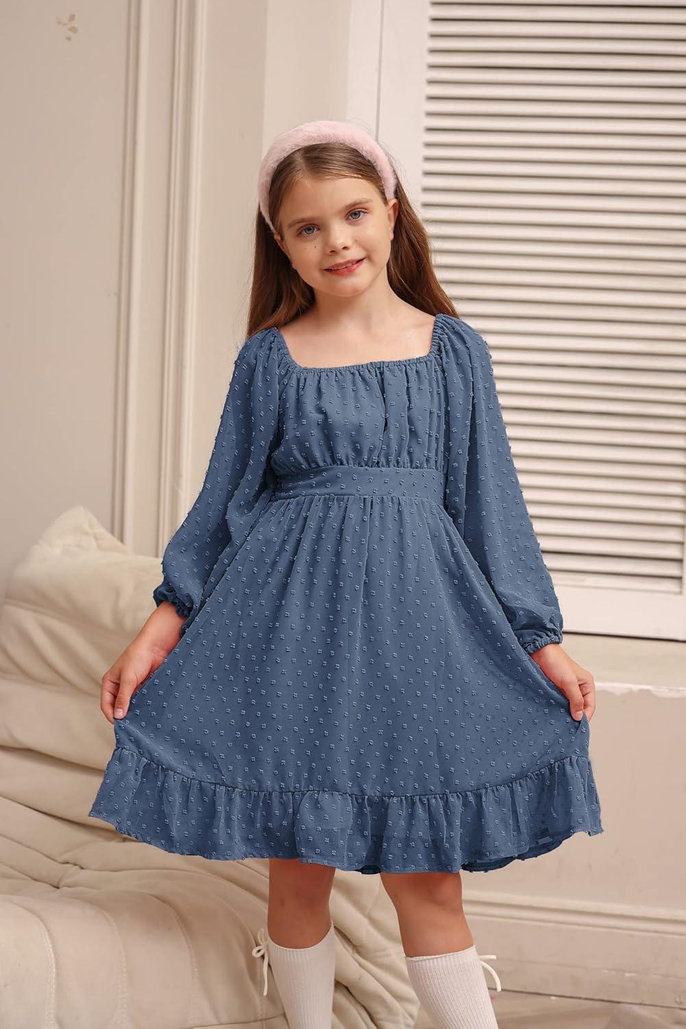 imageGRACE KARIN Girls Ruffle Tiered Dress Long Sleeve Swiss Dot Flowy ALine Dress 614YSteel Blue