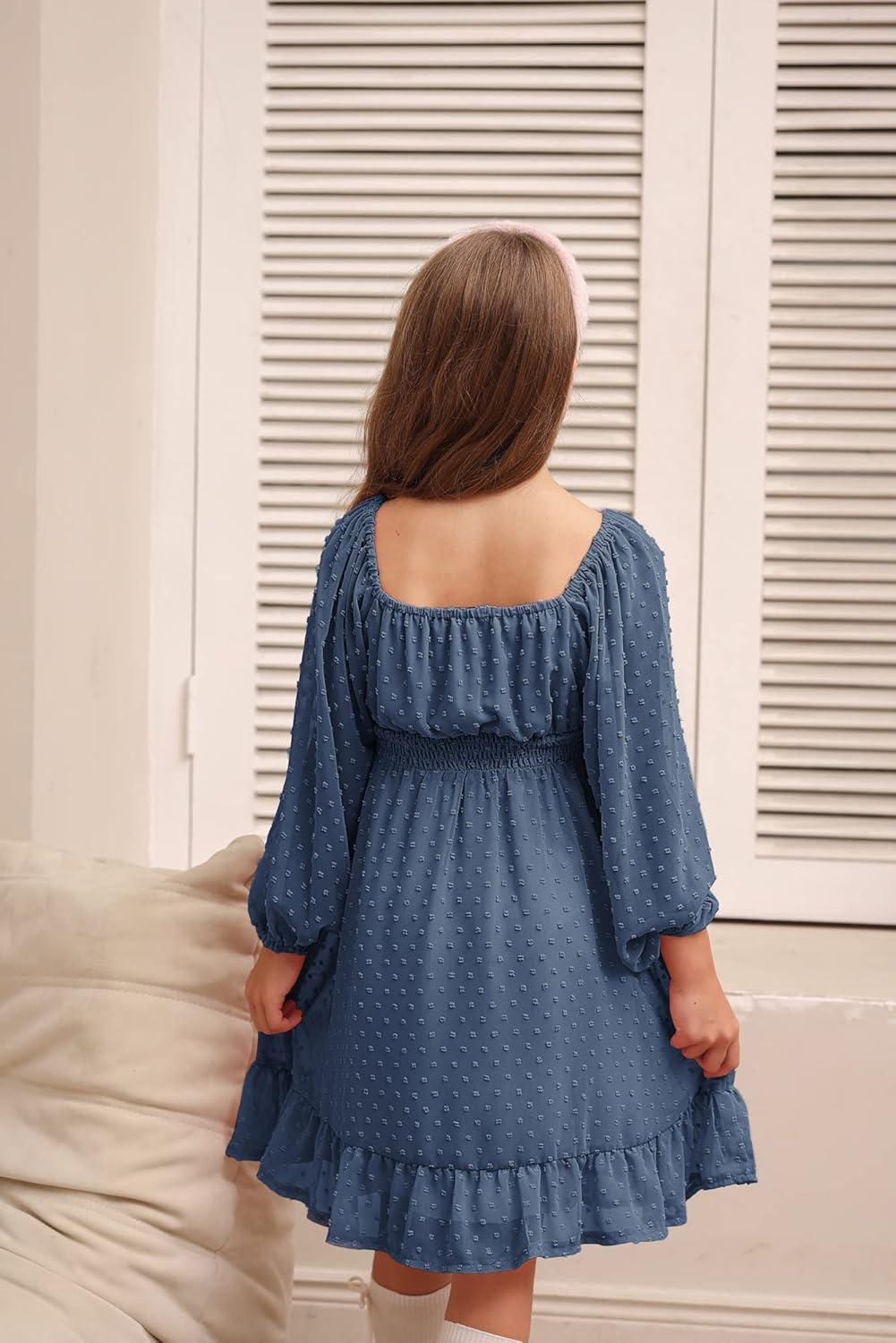 imageGRACE KARIN Girls Ruffle Tiered Dress Long Sleeve Swiss Dot Flowy ALine Dress 614YSteel Blue
