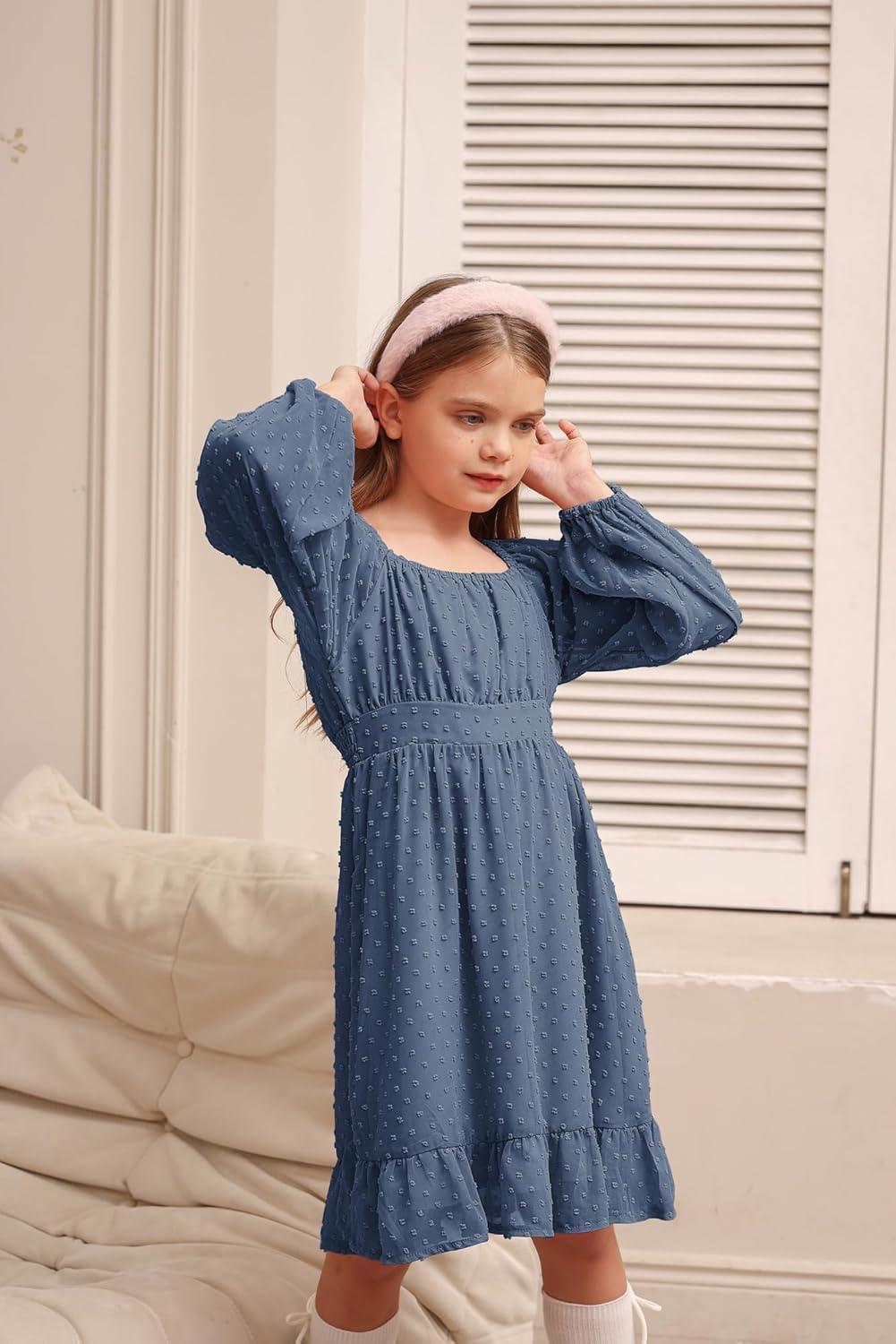 imageGRACE KARIN Girls Ruffle Tiered Dress Long Sleeve Swiss Dot Flowy ALine Dress 614YSteel Blue