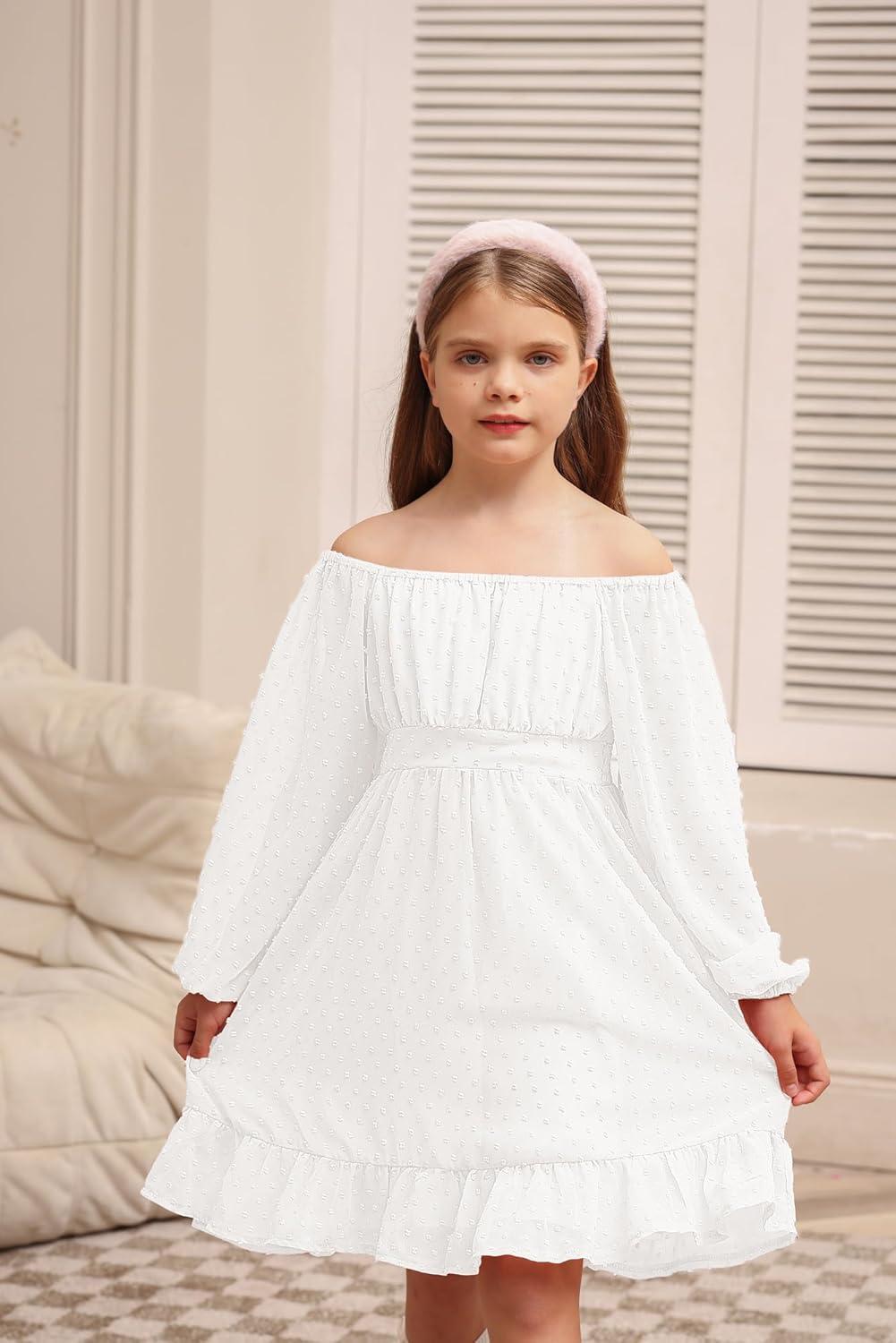 imageGRACE KARIN Girls Ruffle Tiered Dress Long Sleeve Swiss Dot Flowy ALine Dress 614YWhite