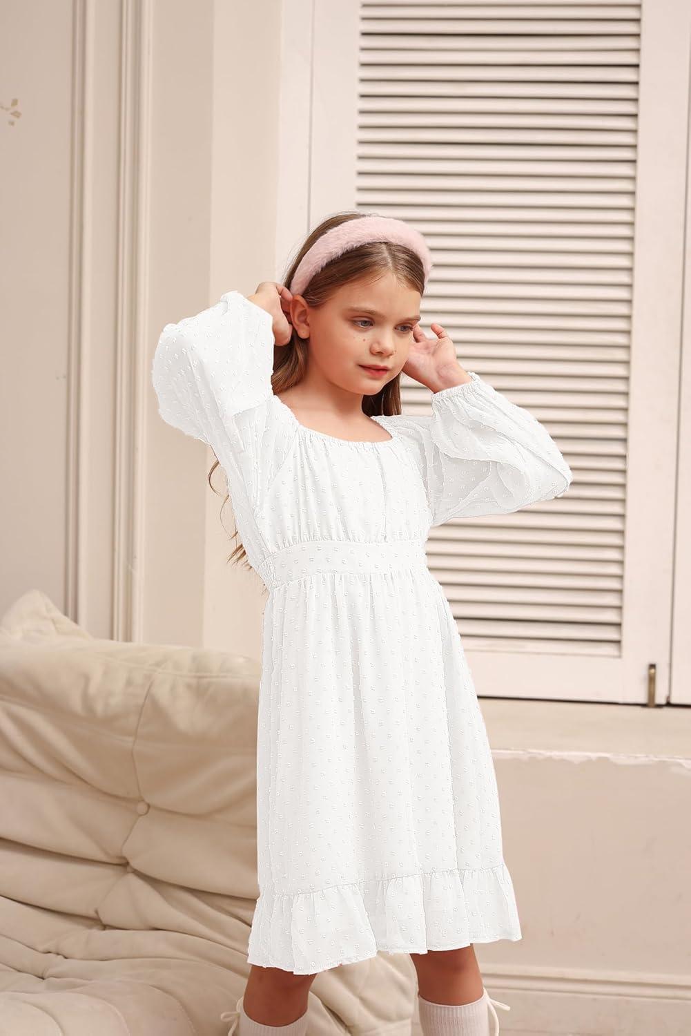 imageGRACE KARIN Girls Ruffle Tiered Dress Long Sleeve Swiss Dot Flowy ALine Dress 614YWhite