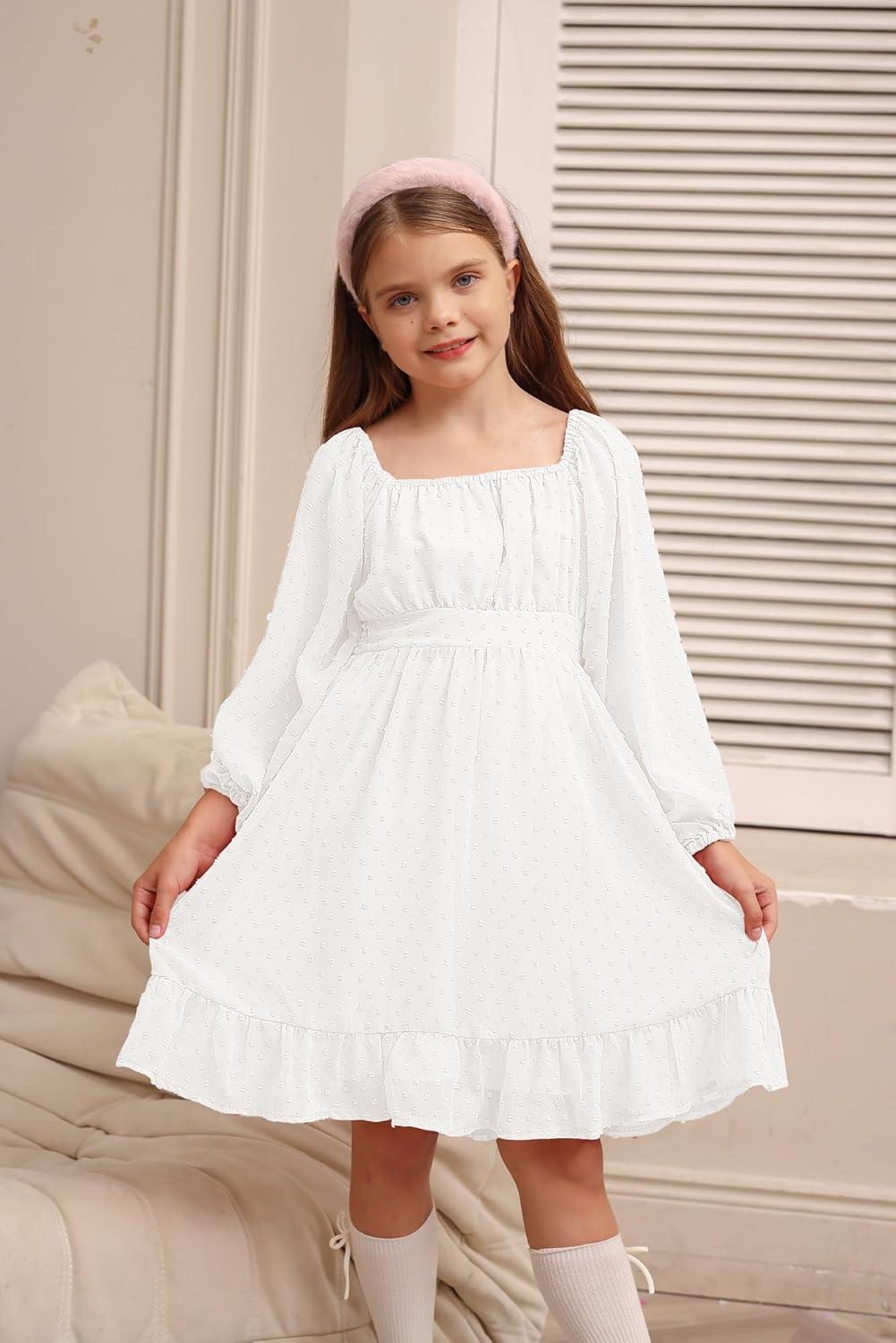 imageGRACE KARIN Girls Ruffle Tiered Dress Long Sleeve Swiss Dot Flowy ALine Dress 614YWhite
