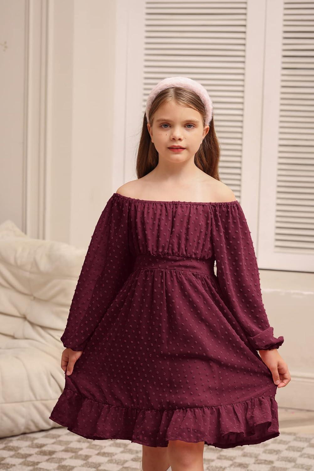 imageGRACE KARIN Girls Ruffle Tiered Dress Long Sleeve Swiss Dot Flowy ALine Dress 614YWine
