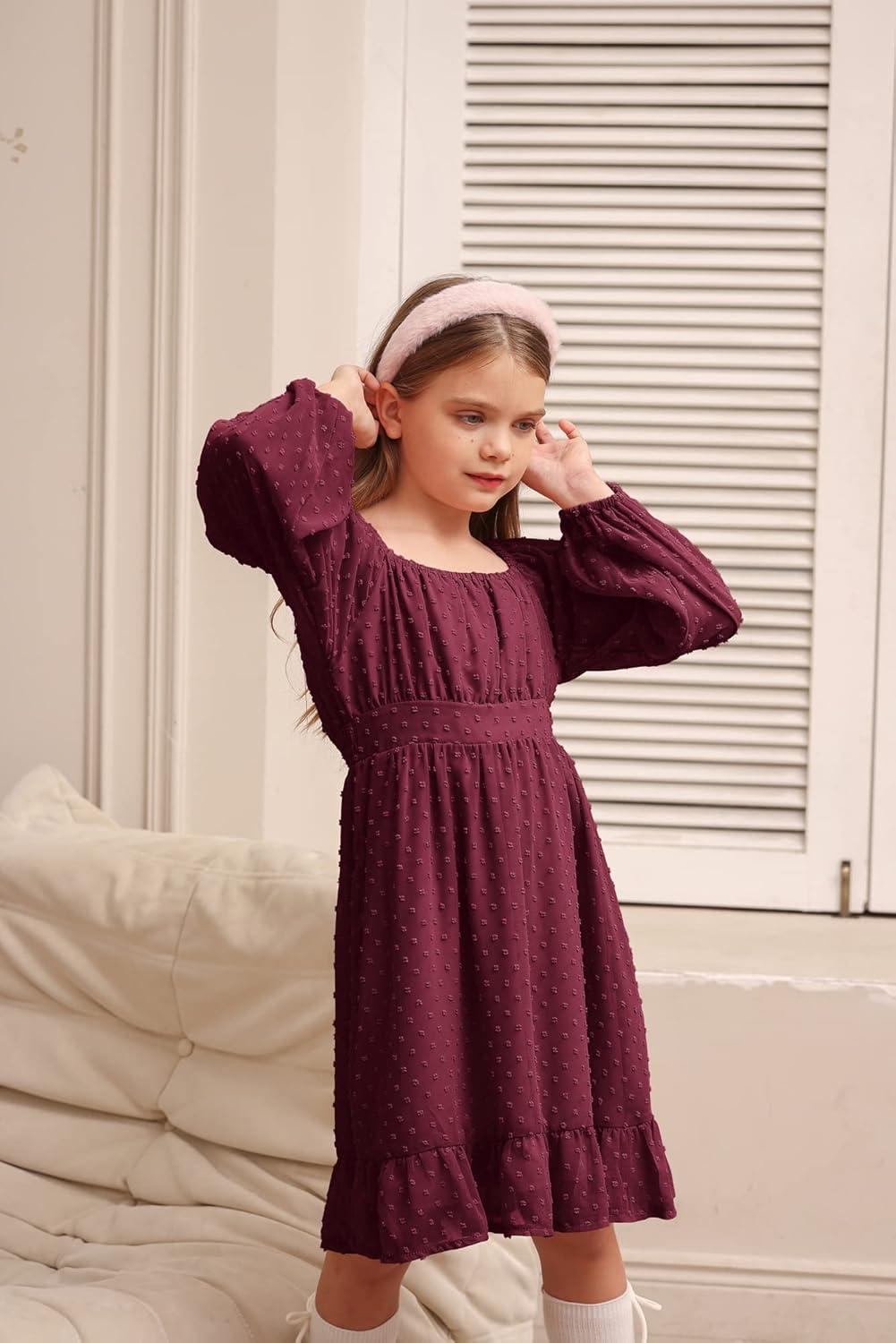 imageGRACE KARIN Girls Ruffle Tiered Dress Long Sleeve Swiss Dot Flowy ALine Dress 614YWine