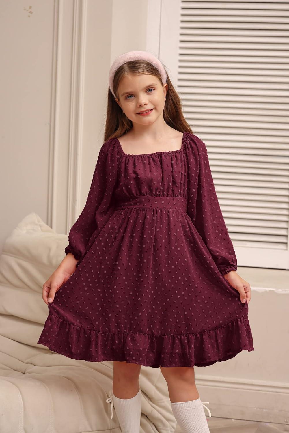 imageGRACE KARIN Girls Ruffle Tiered Dress Long Sleeve Swiss Dot Flowy ALine Dress 614YWine