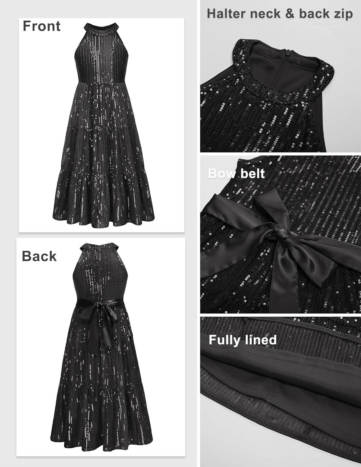imageGRACE KARIN Girls Sequin Dress Formal Party Elegant Fancy Girls Maxi Long Dress for 514YBlack