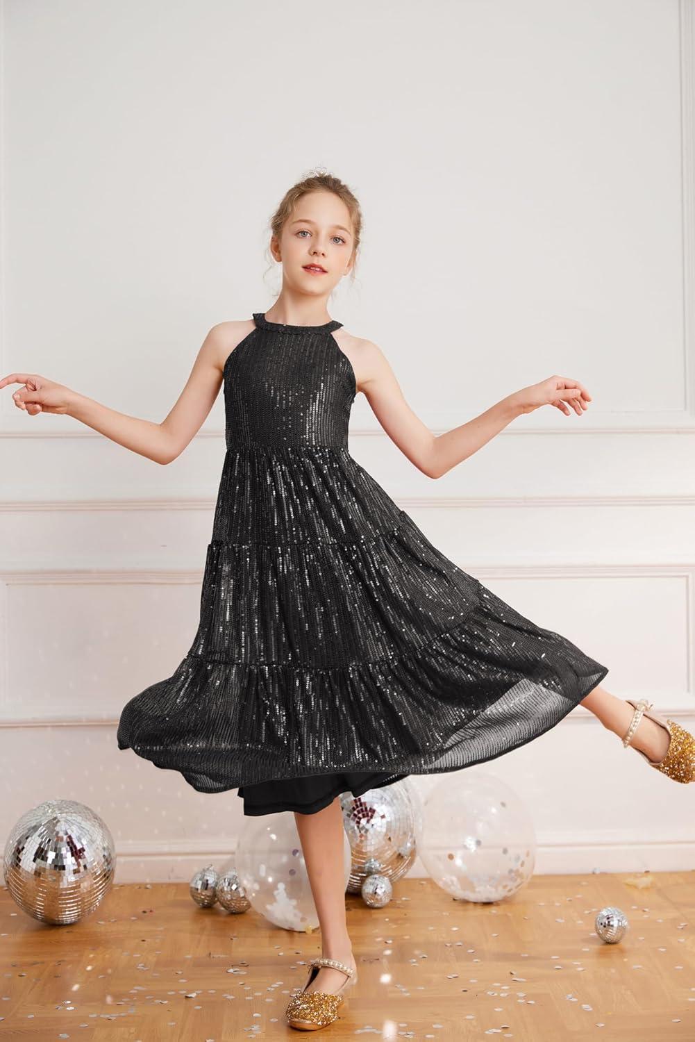 imageGRACE KARIN Girls Sequin Dress Formal Party Elegant Fancy Girls Maxi Long Dress for 514YBlack