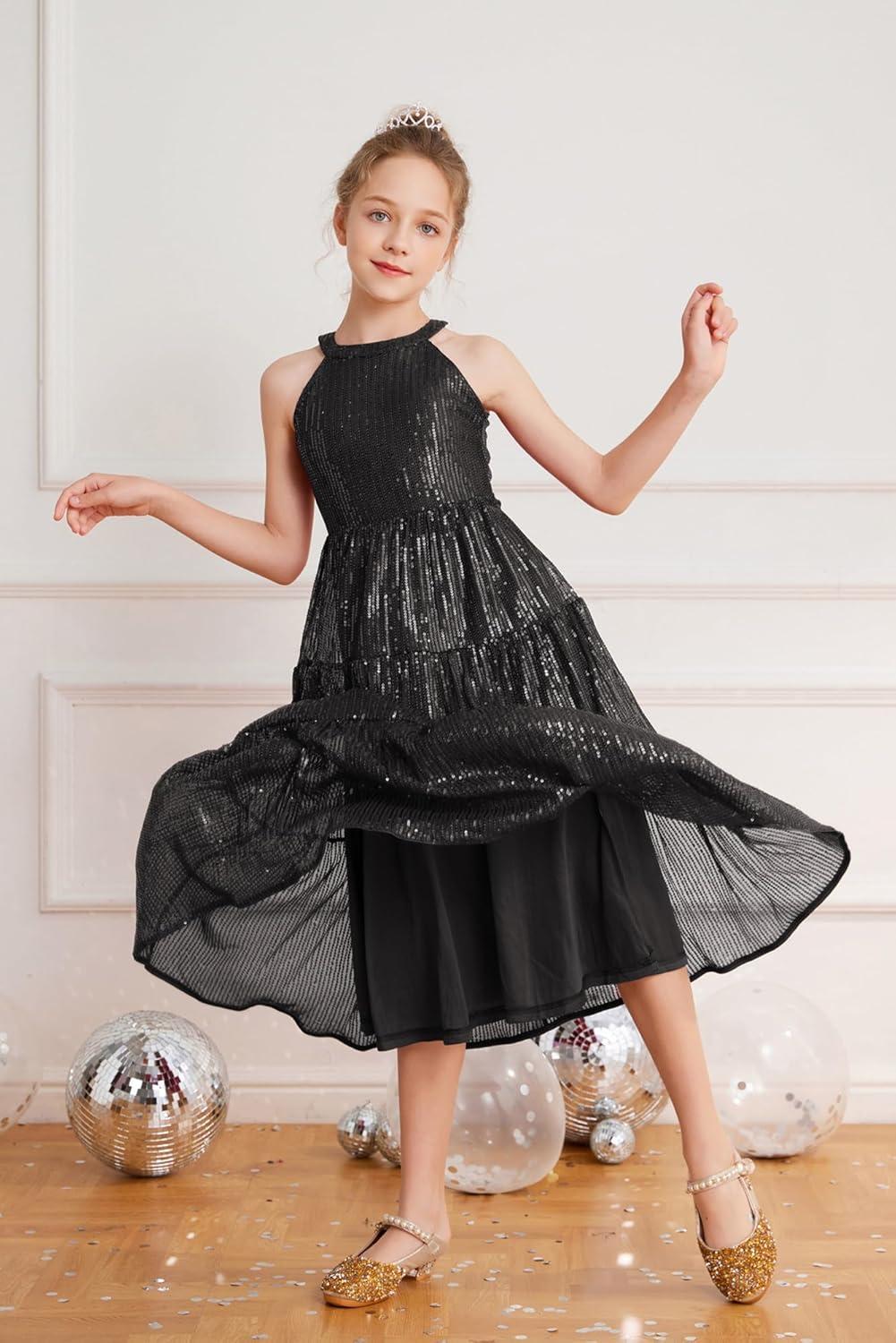 imageGRACE KARIN Girls Sequin Dress Formal Party Elegant Fancy Girls Maxi Long Dress for 514YBlack
