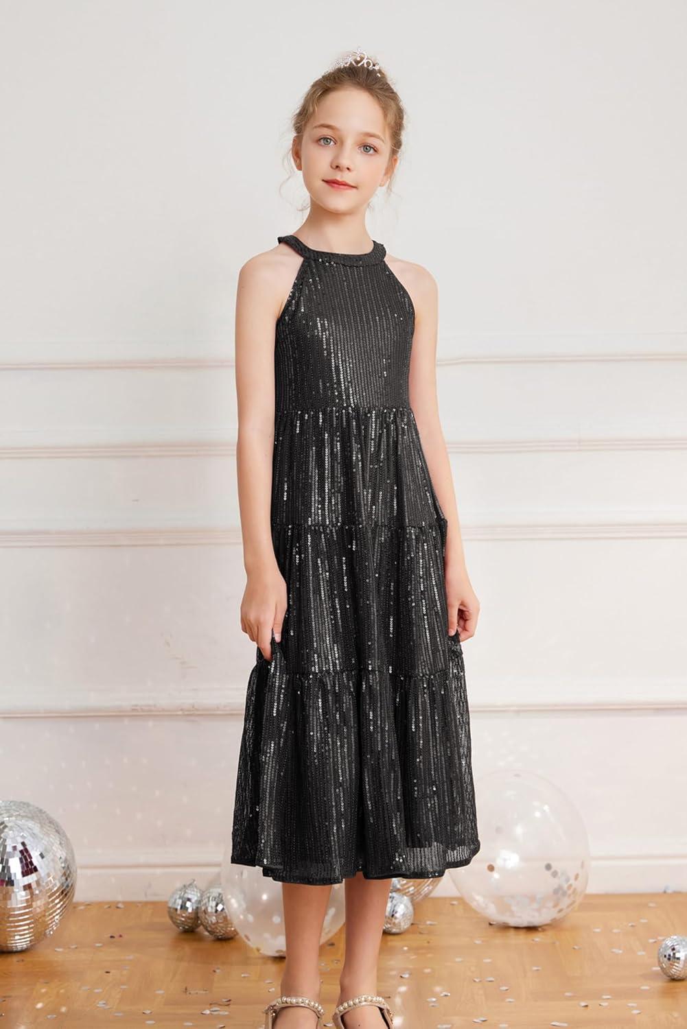 imageGRACE KARIN Girls Sequin Dress Formal Party Elegant Fancy Girls Maxi Long Dress for 514YBlack