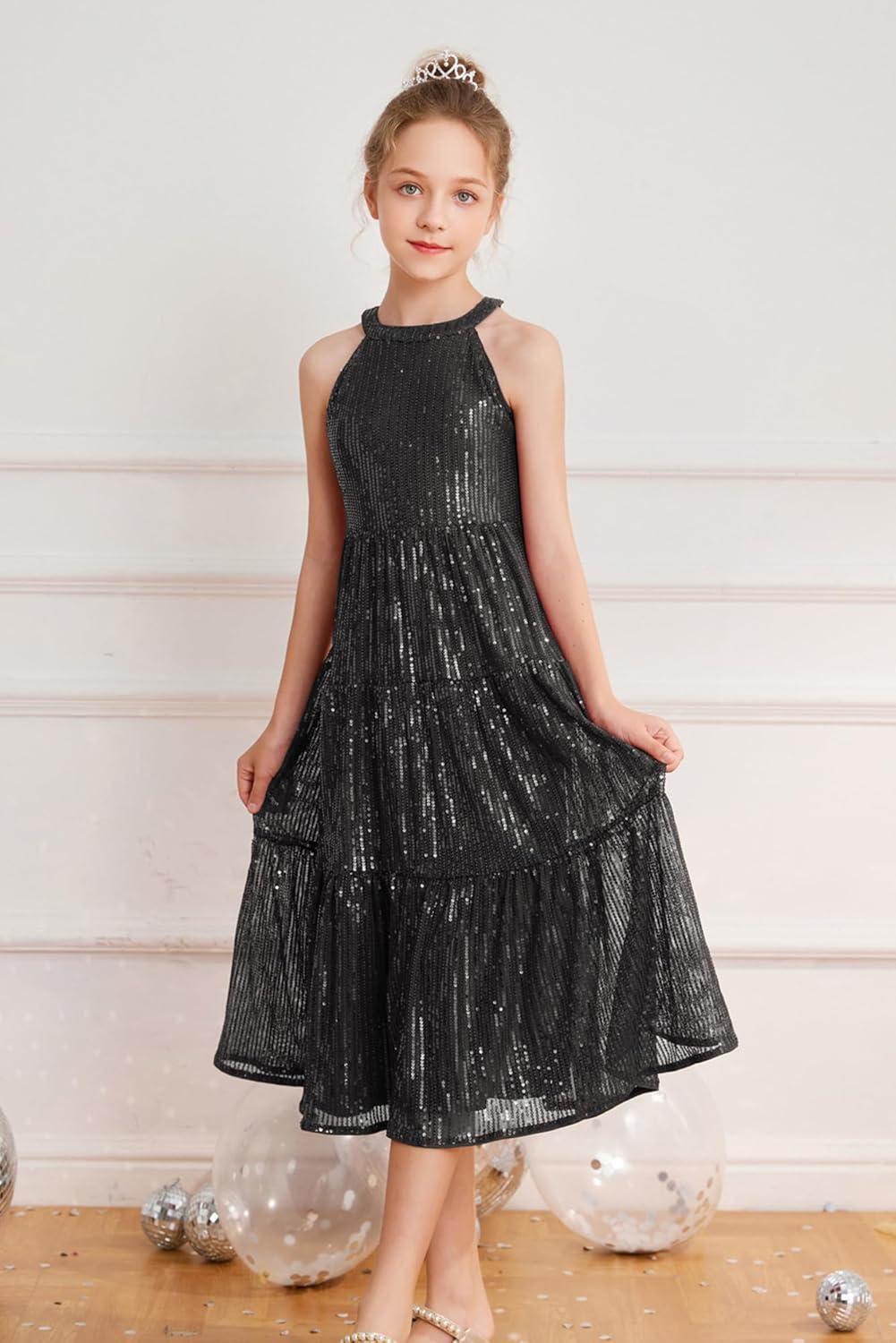 imageGRACE KARIN Girls Sequin Dress Formal Party Elegant Fancy Girls Maxi Long Dress for 514YBlack