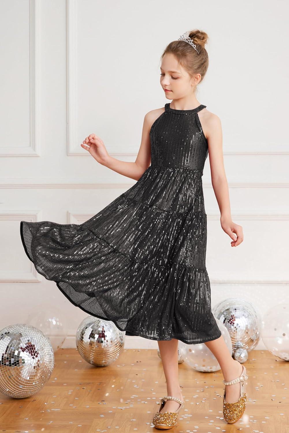 imageGRACE KARIN Girls Sequin Dress Formal Party Elegant Fancy Girls Maxi Long Dress for 514YBlack