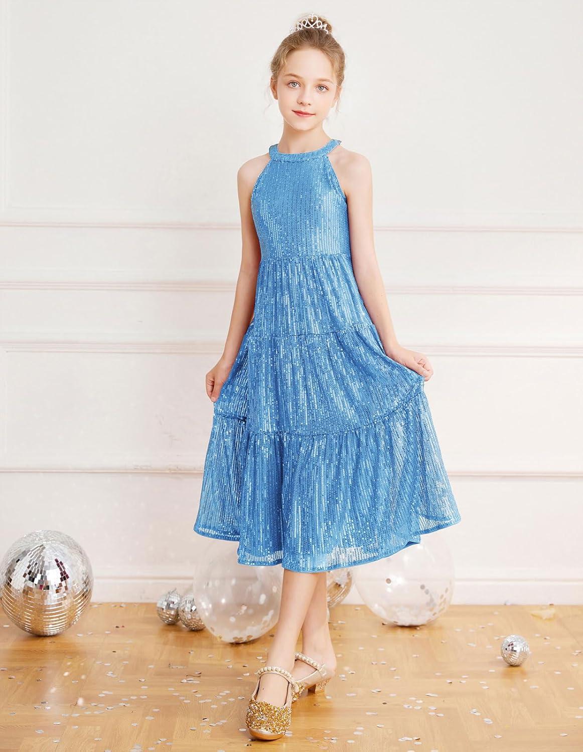imageGRACE KARIN Girls Sequin Dress Formal Party Elegant Fancy Girls Maxi Long Dress for 514YBlue