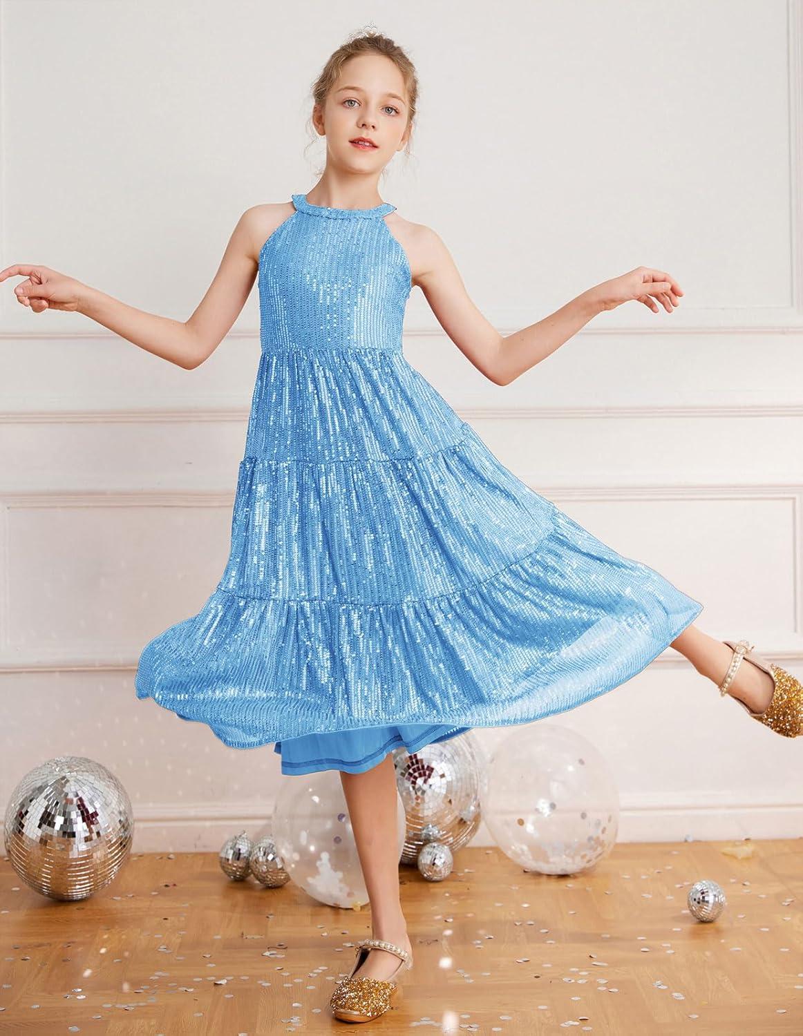 imageGRACE KARIN Girls Sequin Dress Formal Party Elegant Fancy Girls Maxi Long Dress for 514YBlue