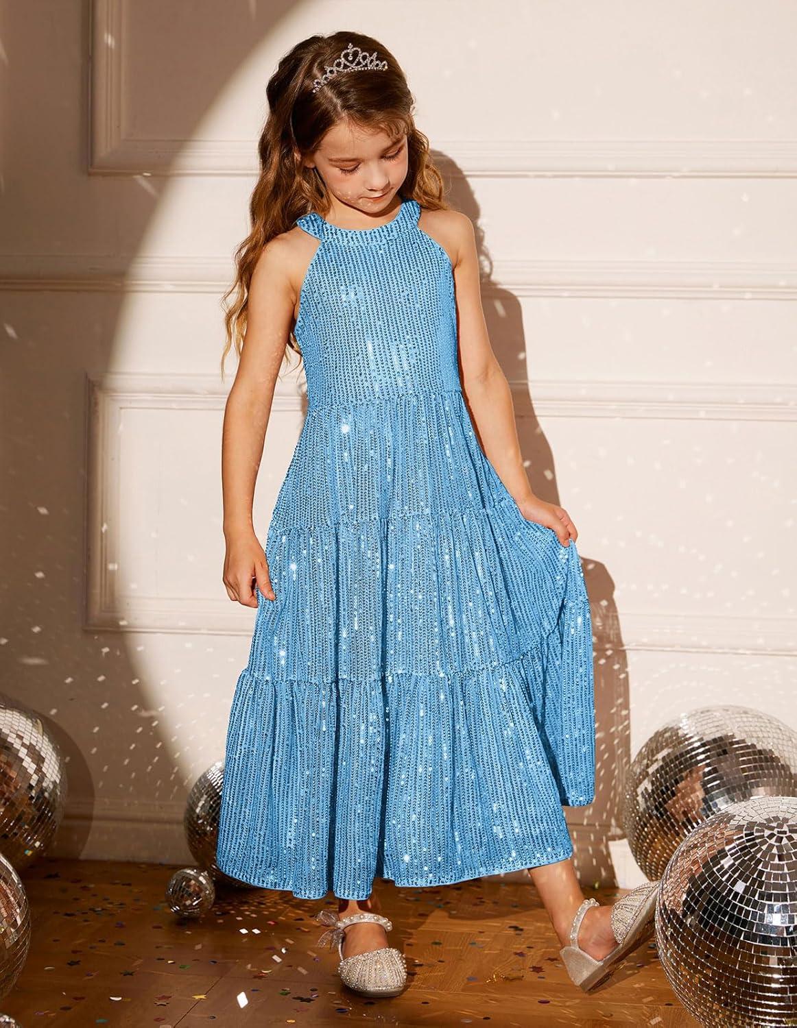 imageGRACE KARIN Girls Sequin Dress Formal Party Elegant Fancy Girls Maxi Long Dress for 514YBlue