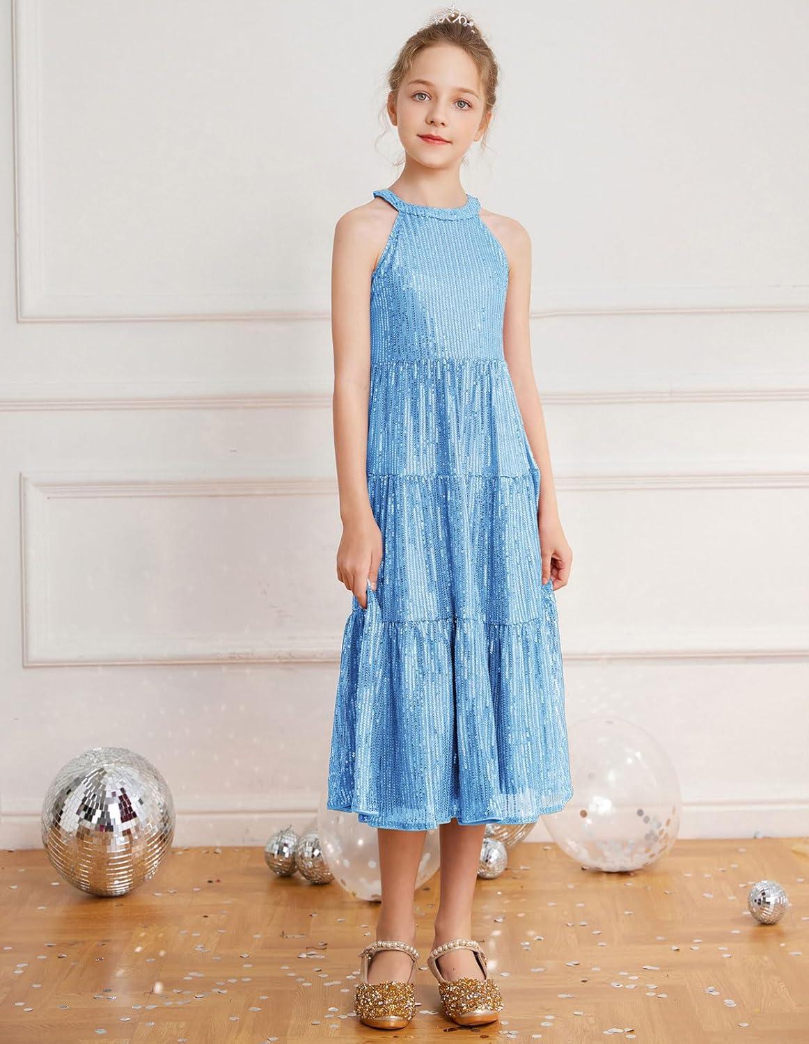 imageGRACE KARIN Girls Sequin Dress Formal Party Elegant Fancy Girls Maxi Long Dress for 514YBlue