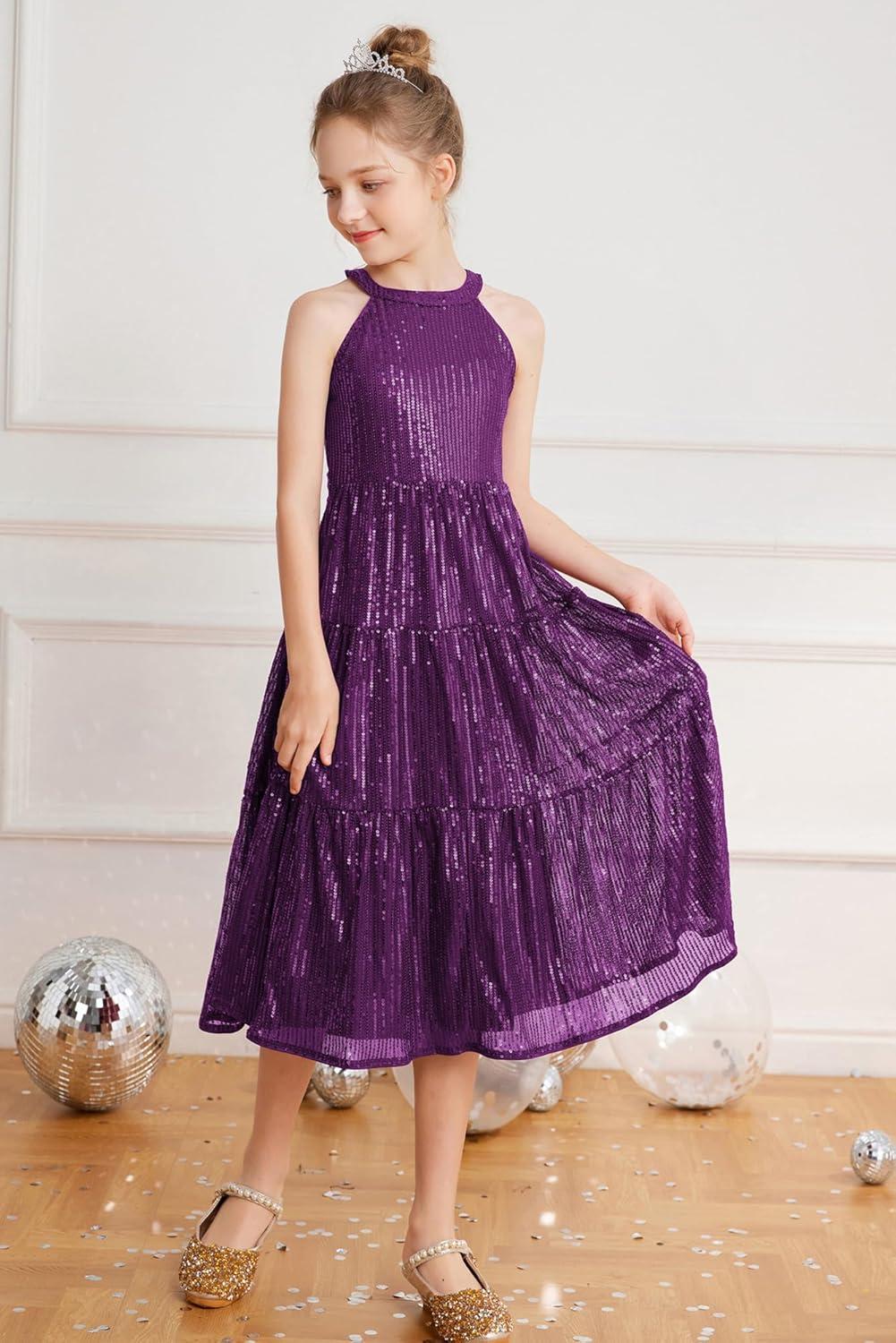 imageGRACE KARIN Girls Sequin Dress Formal Party Elegant Fancy Girls Maxi Long Dress for 514YDark Purple