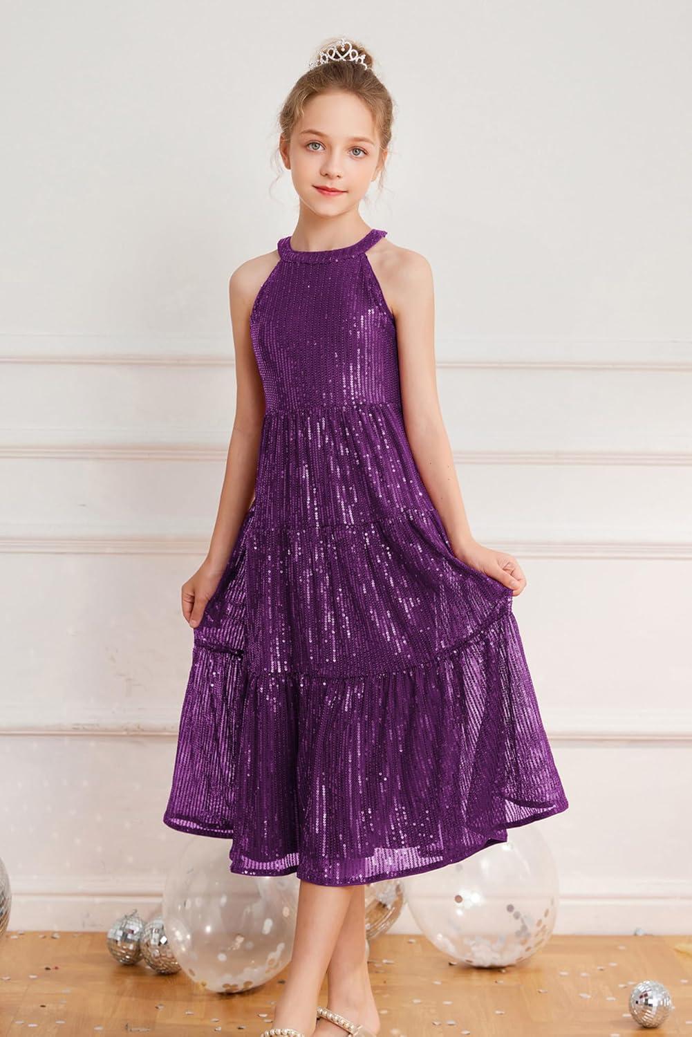 imageGRACE KARIN Girls Sequin Dress Formal Party Elegant Fancy Girls Maxi Long Dress for 514YDark Purple