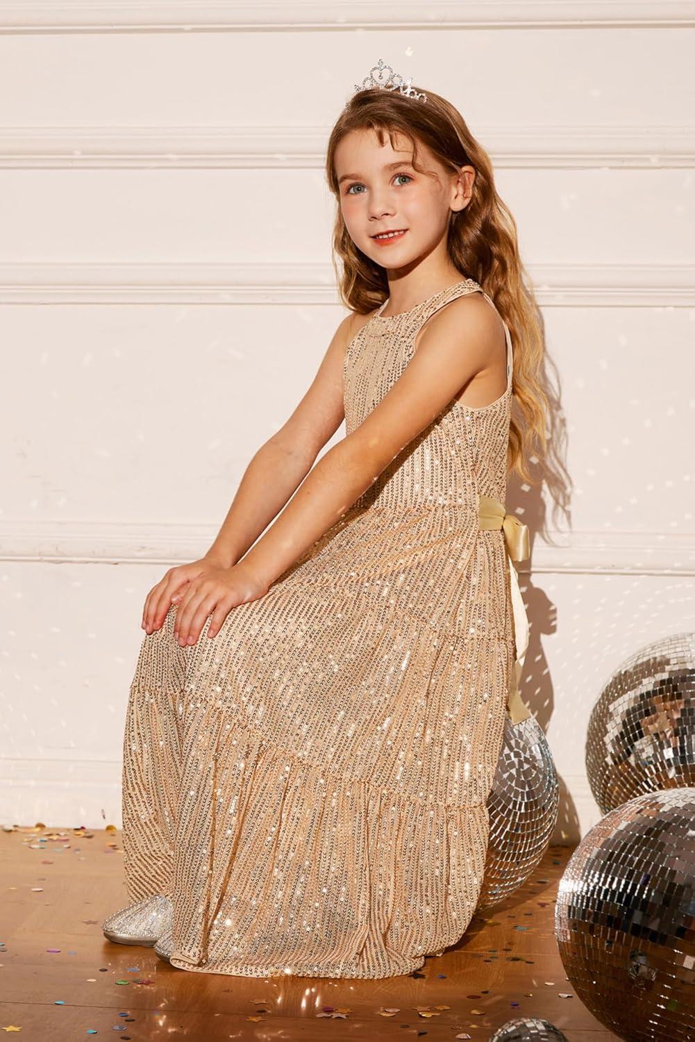 imageGRACE KARIN Girls Sequin Dress Formal Party Elegant Fancy Girls Maxi Long Dress for 514YGold