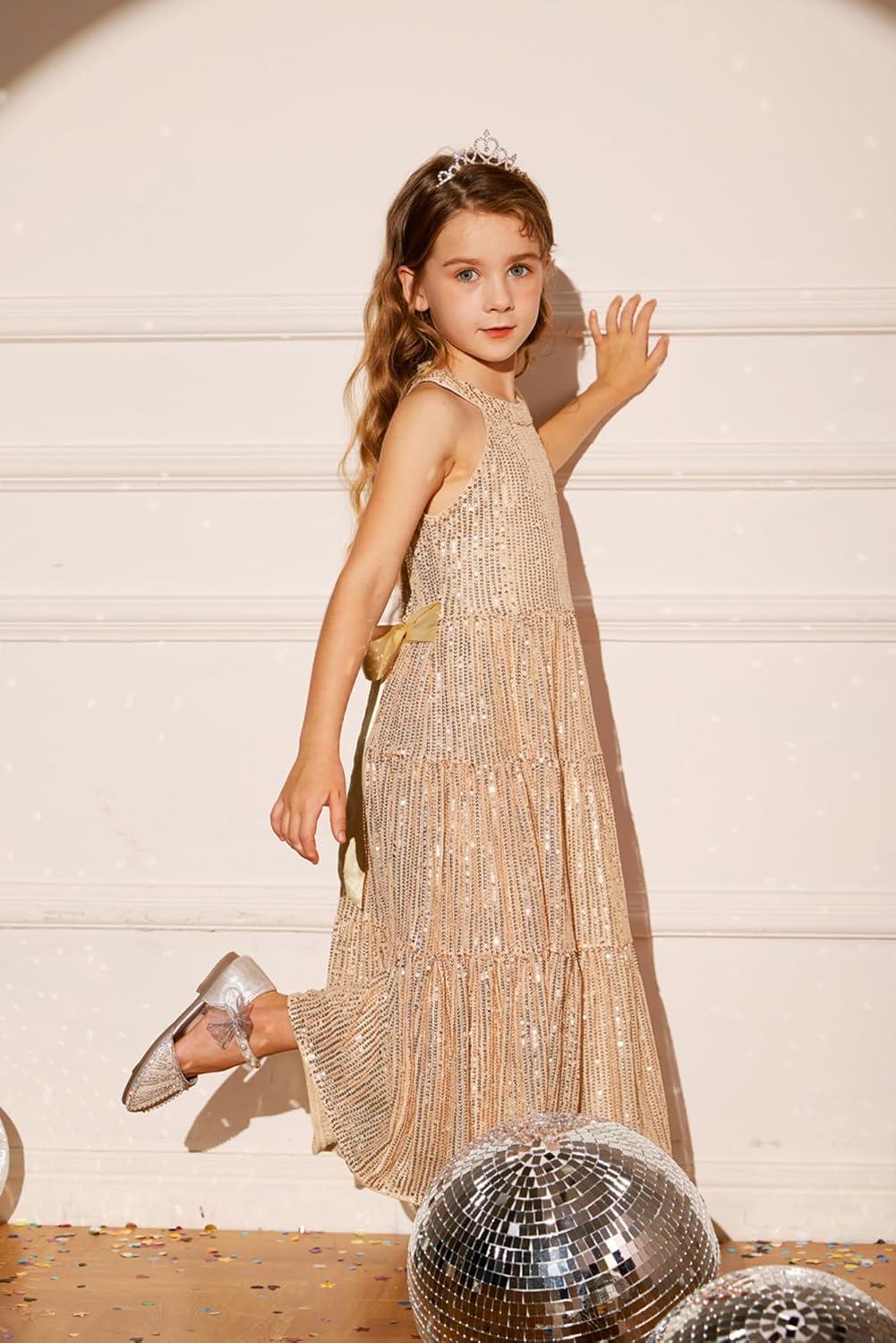 imageGRACE KARIN Girls Sequin Dress Formal Party Elegant Fancy Girls Maxi Long Dress for 514YGold