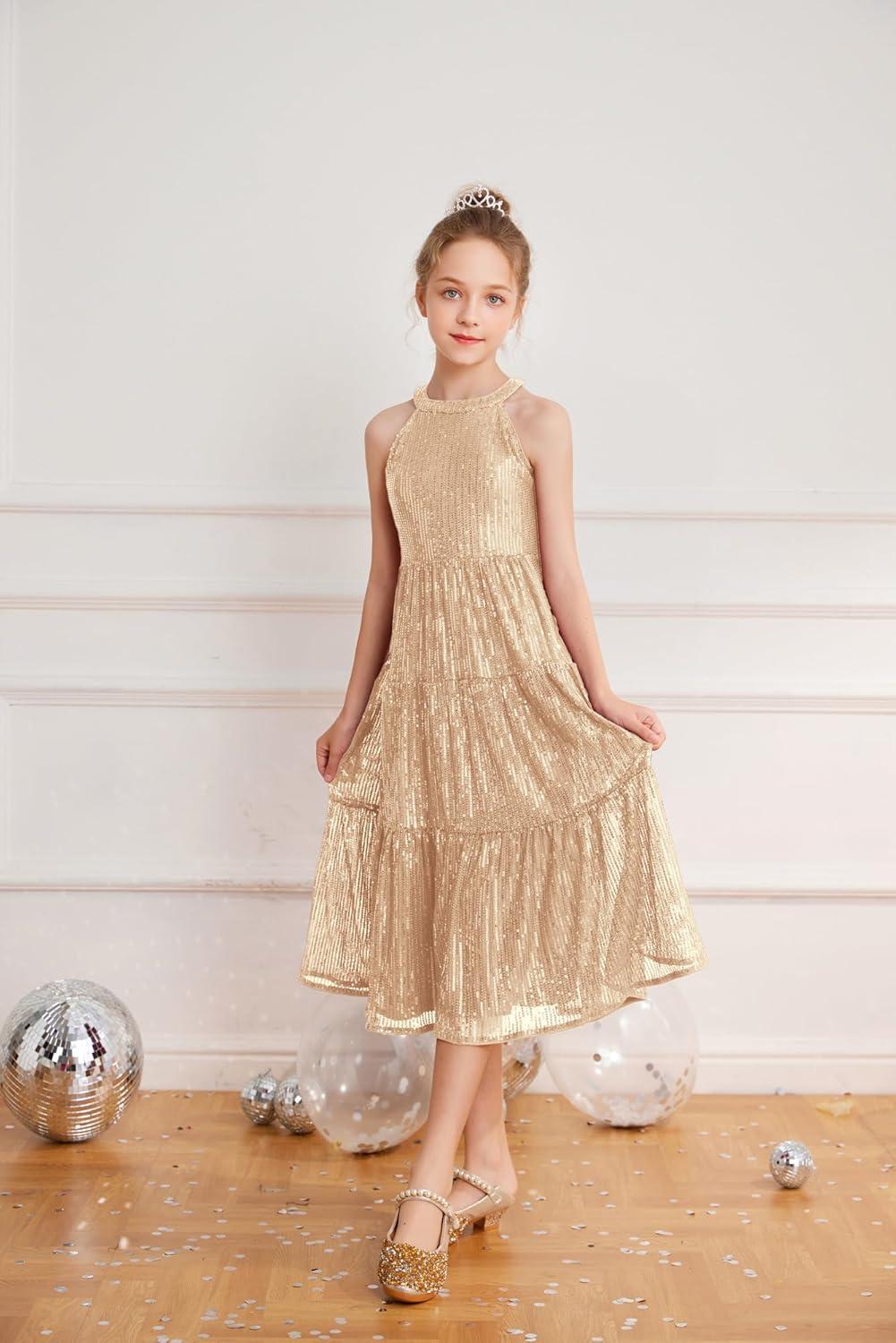 imageGRACE KARIN Girls Sequin Dress Formal Party Elegant Fancy Girls Maxi Long Dress for 514YGold