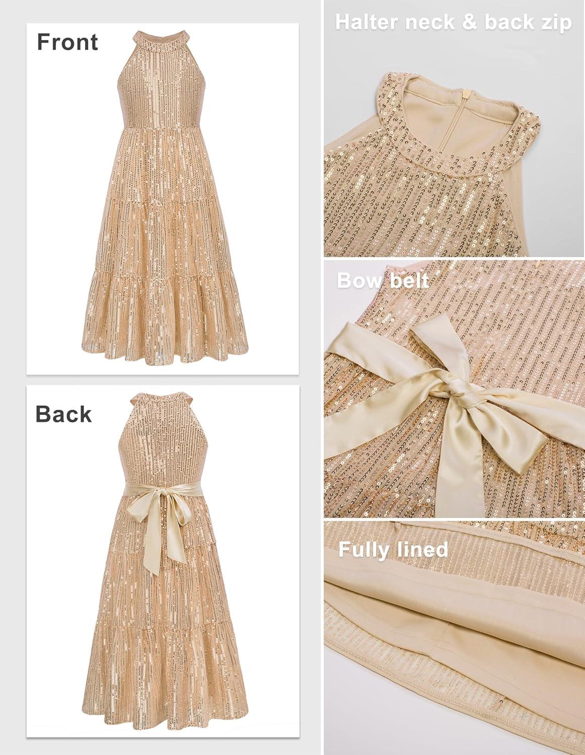 imageGRACE KARIN Girls Sequin Dress Formal Party Elegant Fancy Girls Maxi Long Dress for 514YGold