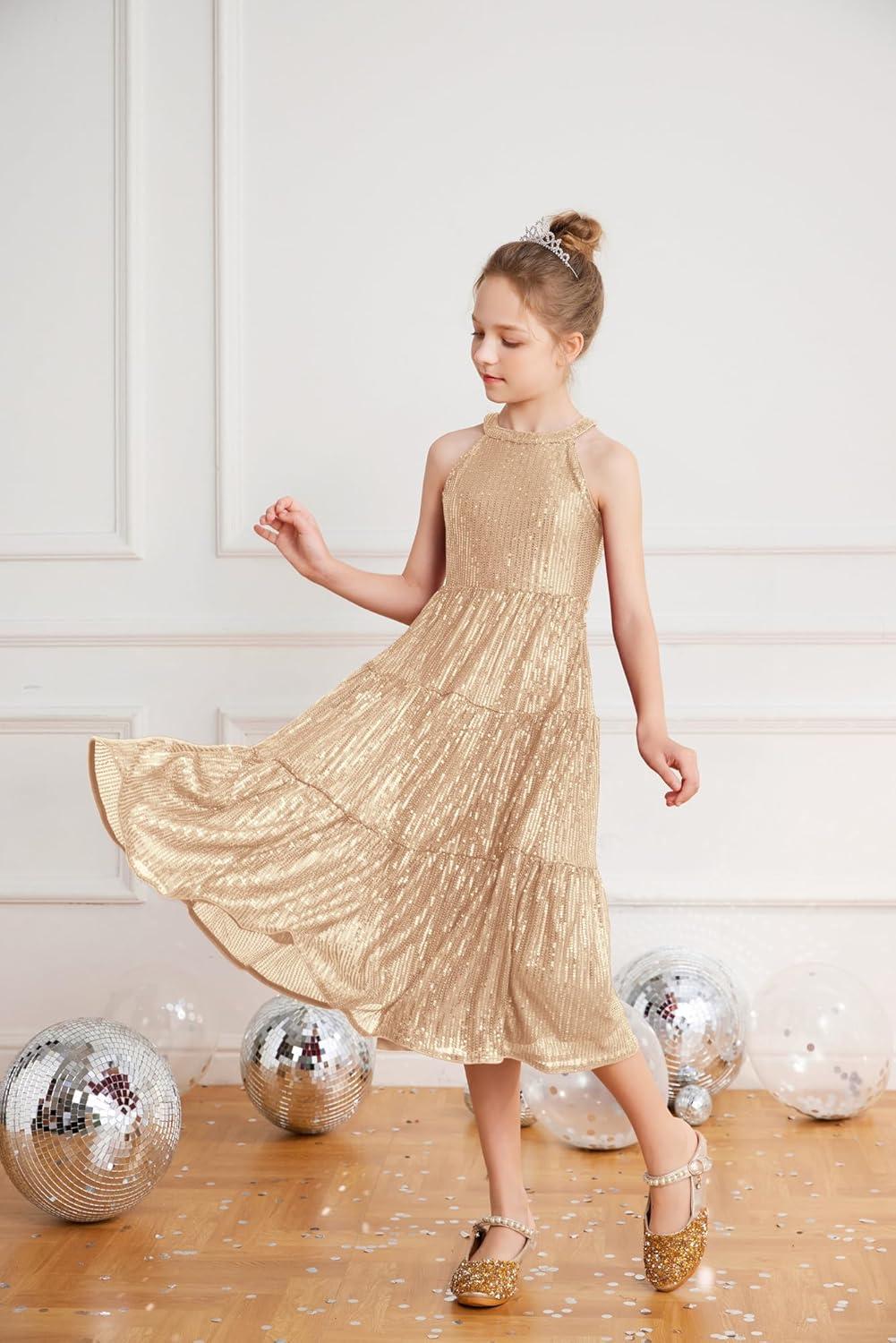imageGRACE KARIN Girls Sequin Dress Formal Party Elegant Fancy Girls Maxi Long Dress for 514YGold