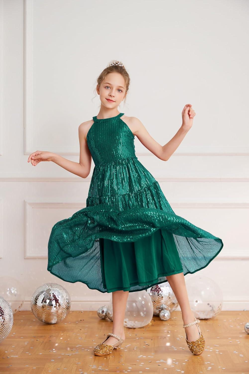 imageGRACE KARIN Girls Sequin Dress Formal Party Elegant Fancy Girls Maxi Long Dress for 514YGreen