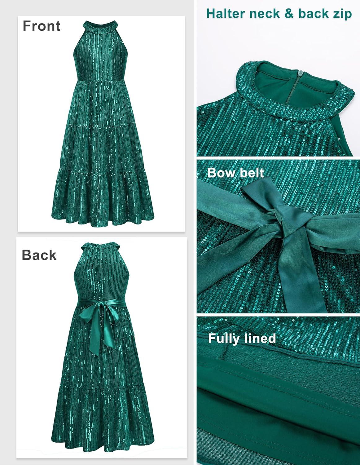 imageGRACE KARIN Girls Sequin Dress Formal Party Elegant Fancy Girls Maxi Long Dress for 514YGreen