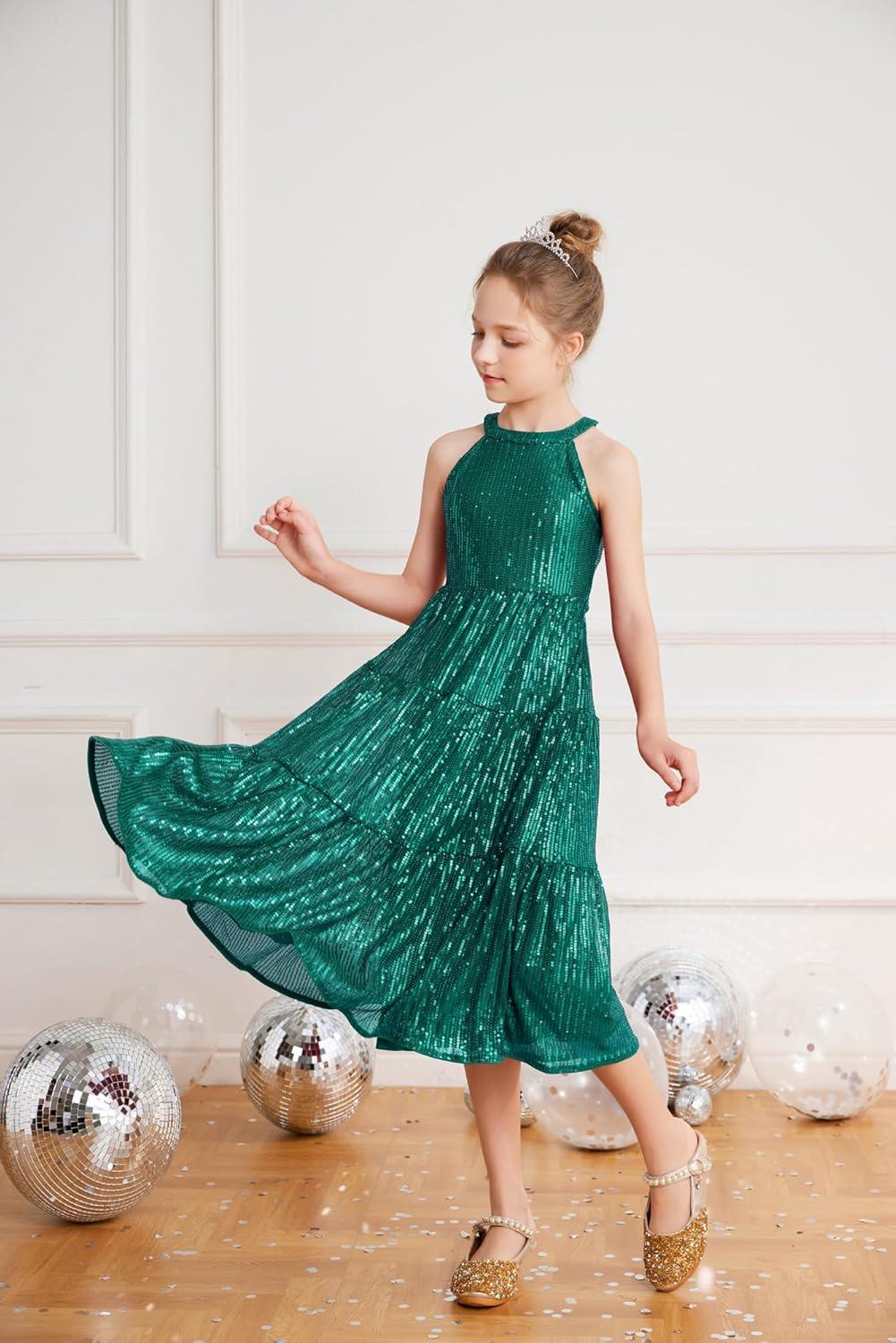 imageGRACE KARIN Girls Sequin Dress Formal Party Elegant Fancy Girls Maxi Long Dress for 514YGreen