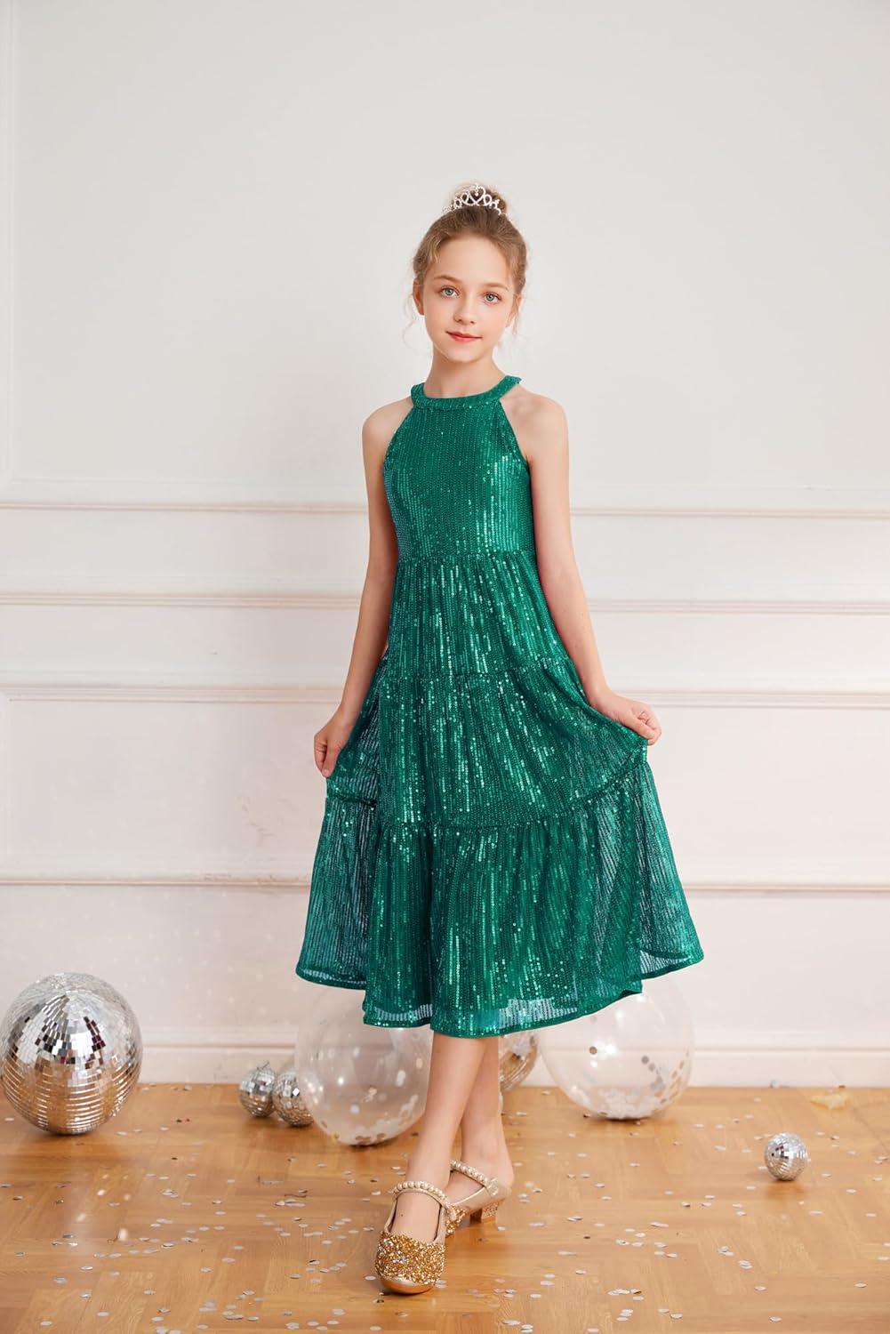 imageGRACE KARIN Girls Sequin Dress Formal Party Elegant Fancy Girls Maxi Long Dress for 514YGreen