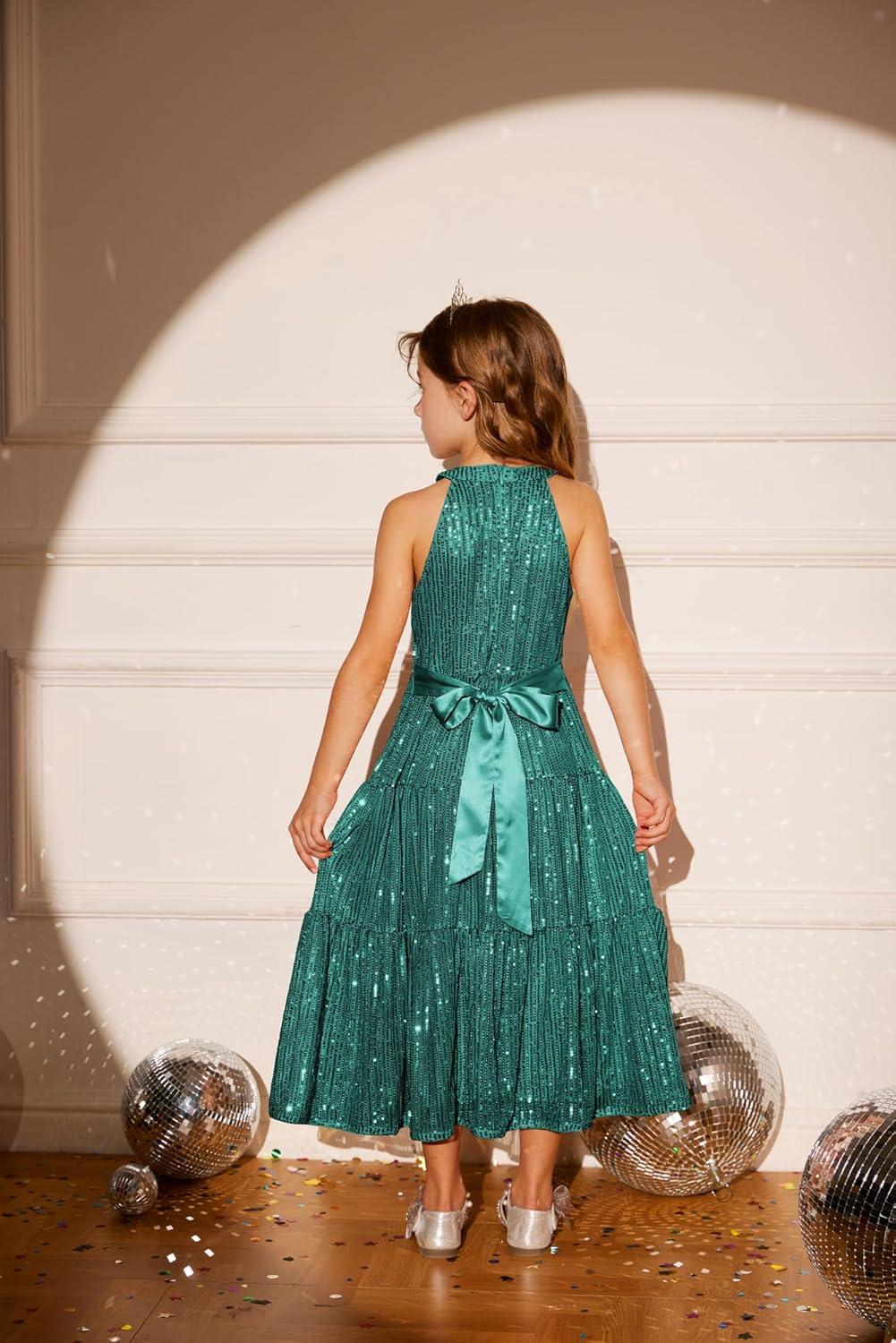 imageGRACE KARIN Girls Sequin Dress Formal Party Elegant Fancy Girls Maxi Long Dress for 514YGreen
