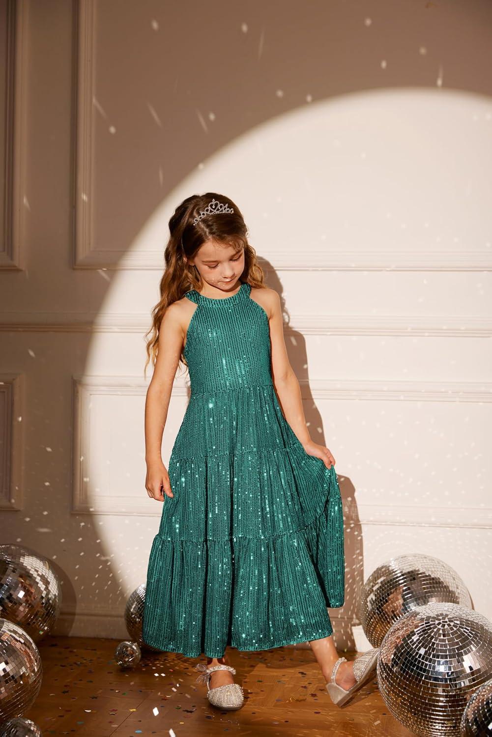 imageGRACE KARIN Girls Sequin Dress Formal Party Elegant Fancy Girls Maxi Long Dress for 514YGreen