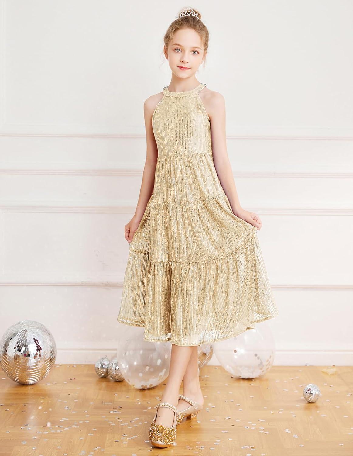 imageGRACE KARIN Girls Sequin Dress Formal Party Elegant Fancy Girls Maxi Long Dress for 514YLight Gold