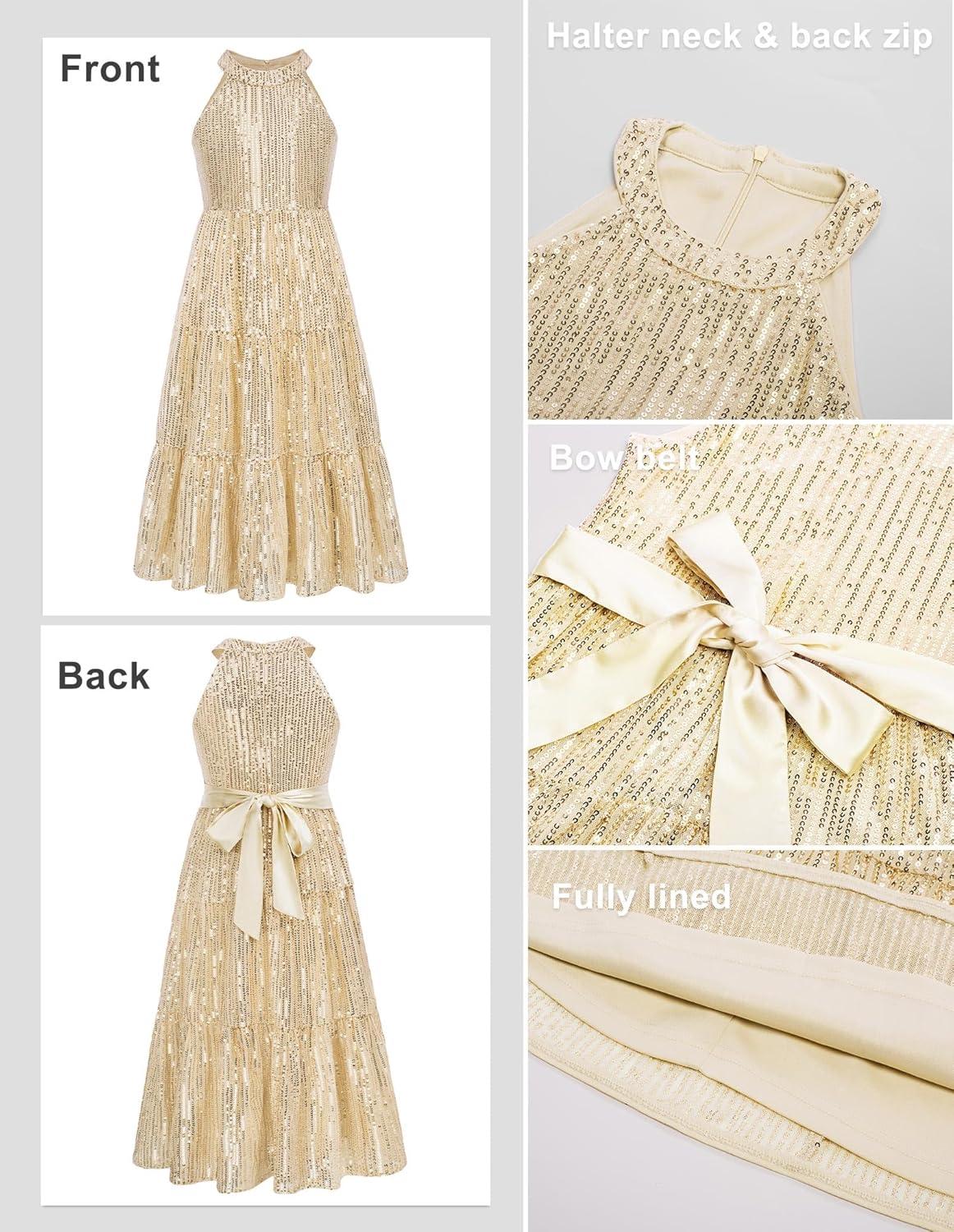imageGRACE KARIN Girls Sequin Dress Formal Party Elegant Fancy Girls Maxi Long Dress for 514YLight Gold