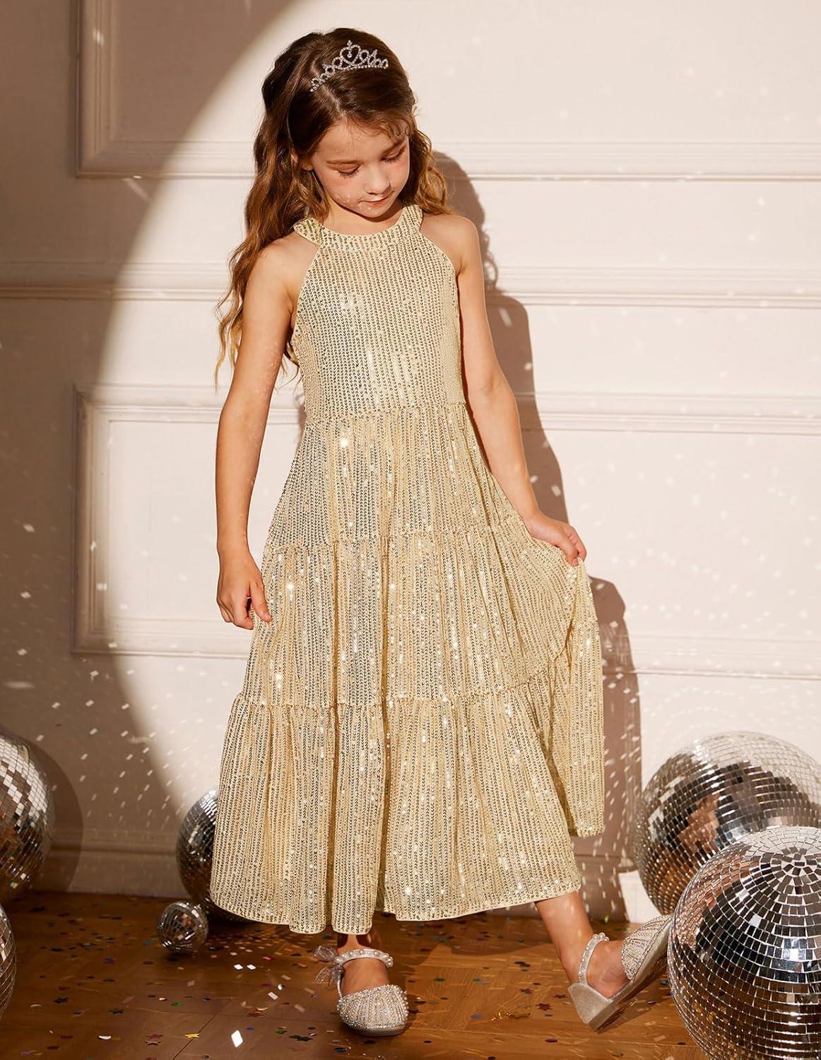 imageGRACE KARIN Girls Sequin Dress Formal Party Elegant Fancy Girls Maxi Long Dress for 514YLight Gold
