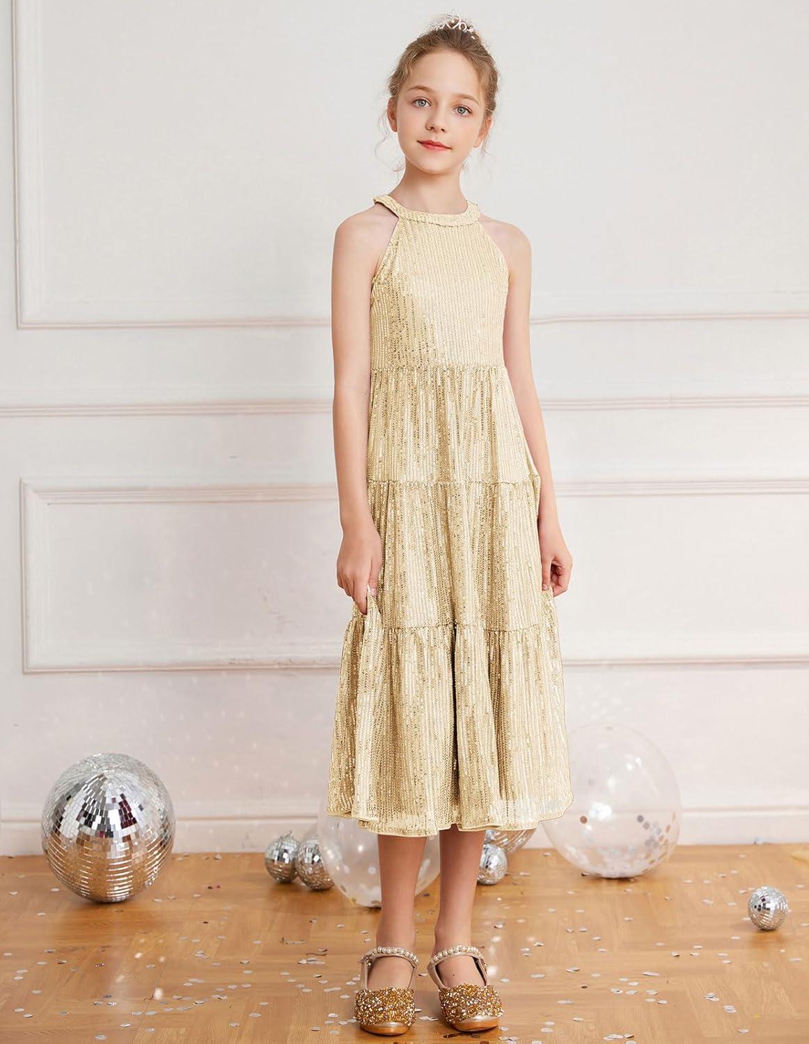 imageGRACE KARIN Girls Sequin Dress Formal Party Elegant Fancy Girls Maxi Long Dress for 514YLight Gold