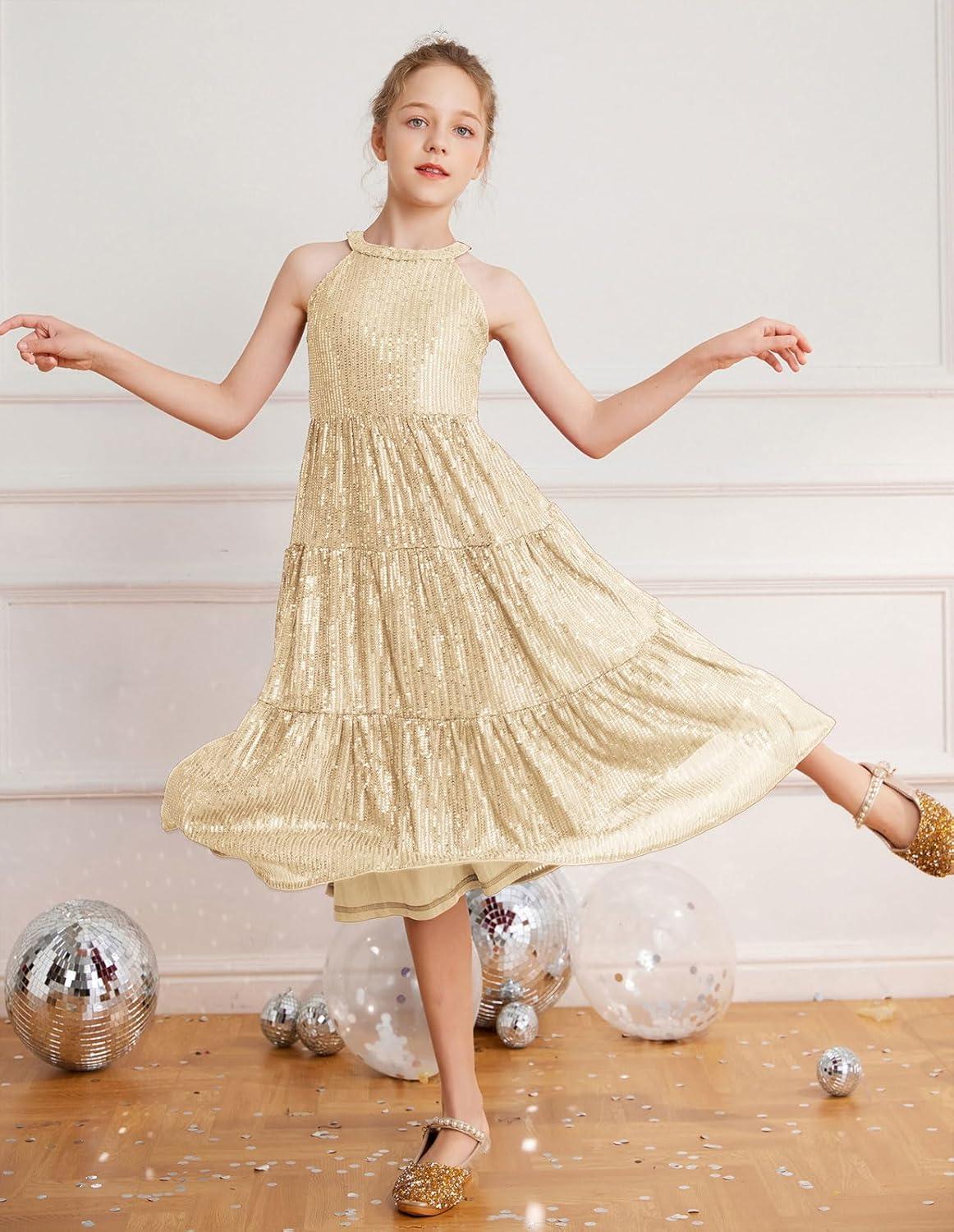 imageGRACE KARIN Girls Sequin Dress Formal Party Elegant Fancy Girls Maxi Long Dress for 514YLight Gold
