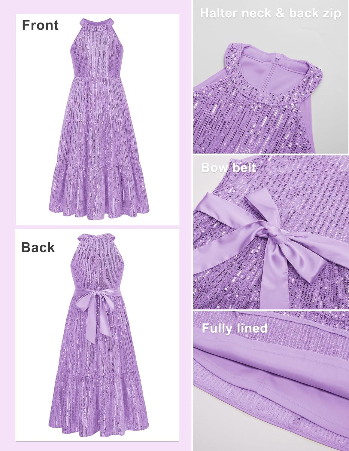 imageGRACE KARIN Girls Sequin Dress Formal Party Elegant Fancy Girls Maxi Long Dress for 514YPurple