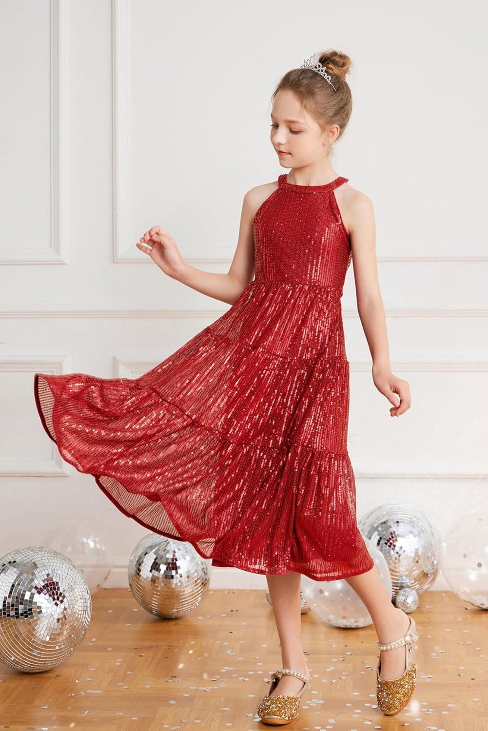 imageGRACE KARIN Girls Sequin Dress Formal Party Elegant Fancy Girls Maxi Long Dress for 514YRed
