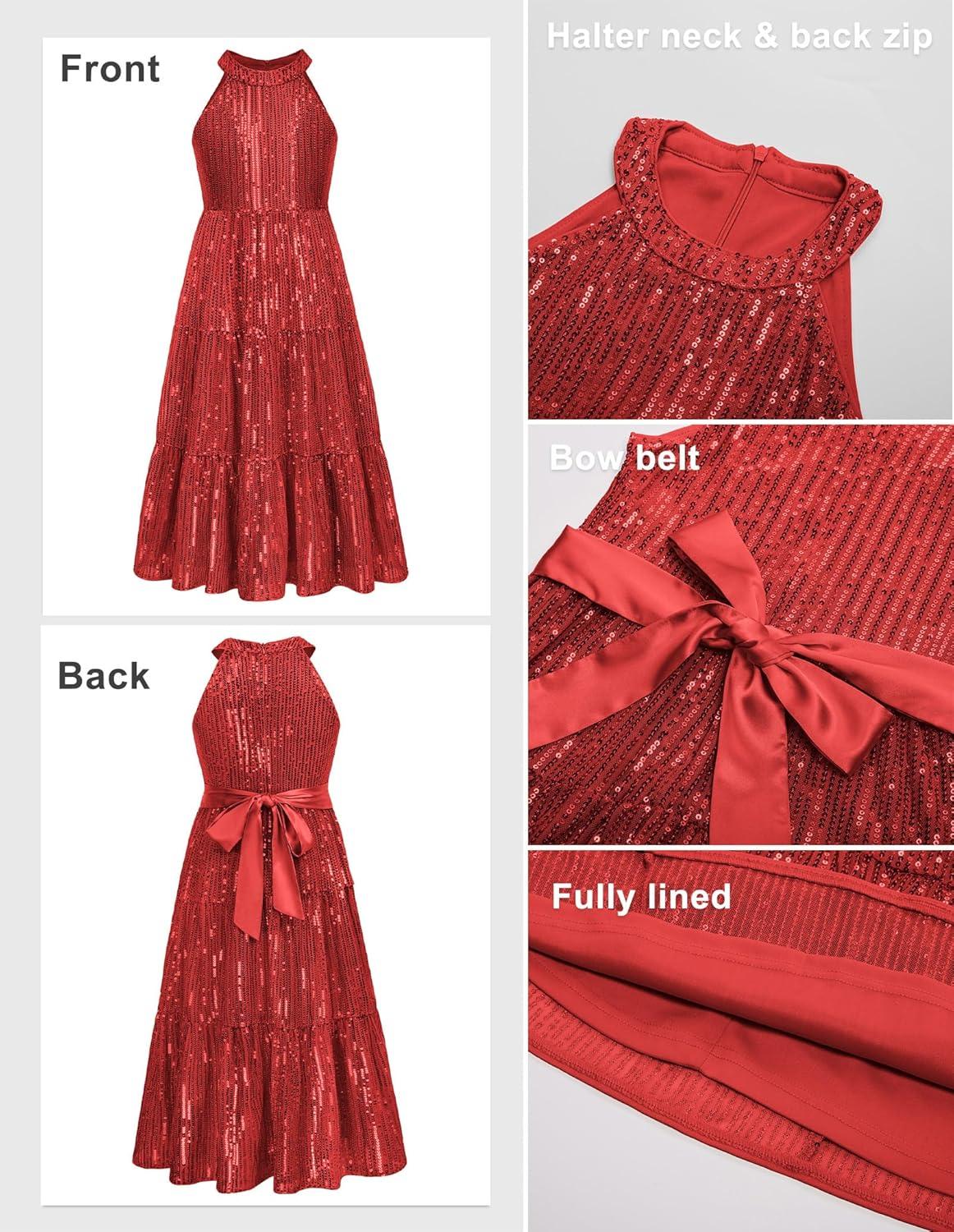 imageGRACE KARIN Girls Sequin Dress Formal Party Elegant Fancy Girls Maxi Long Dress for 514YRed