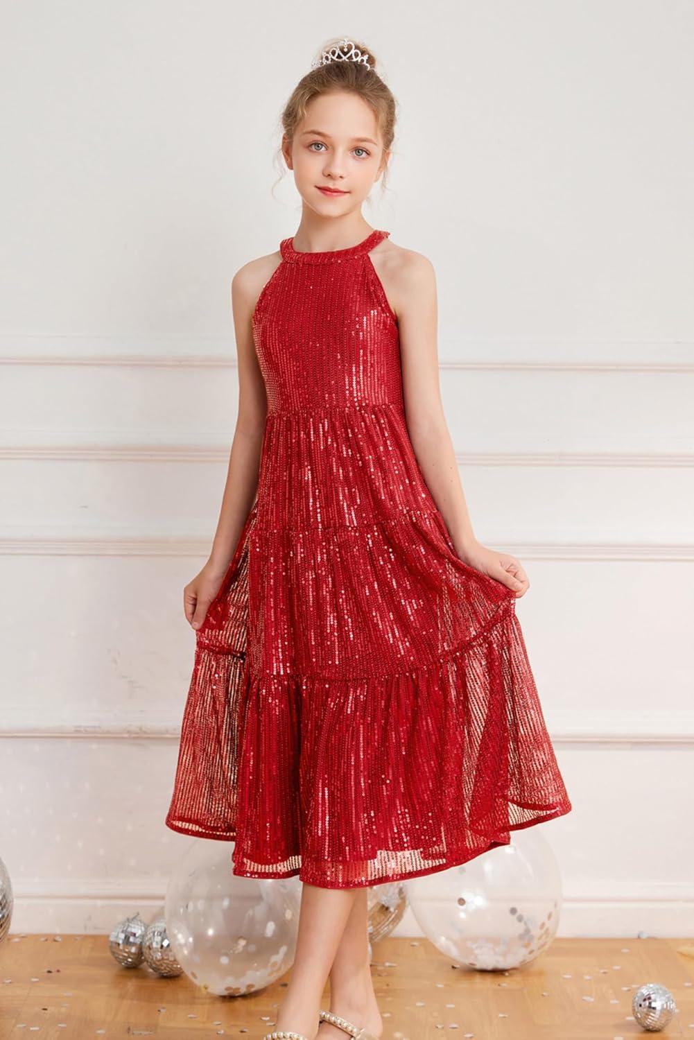 imageGRACE KARIN Girls Sequin Dress Formal Party Elegant Fancy Girls Maxi Long Dress for 514YRed