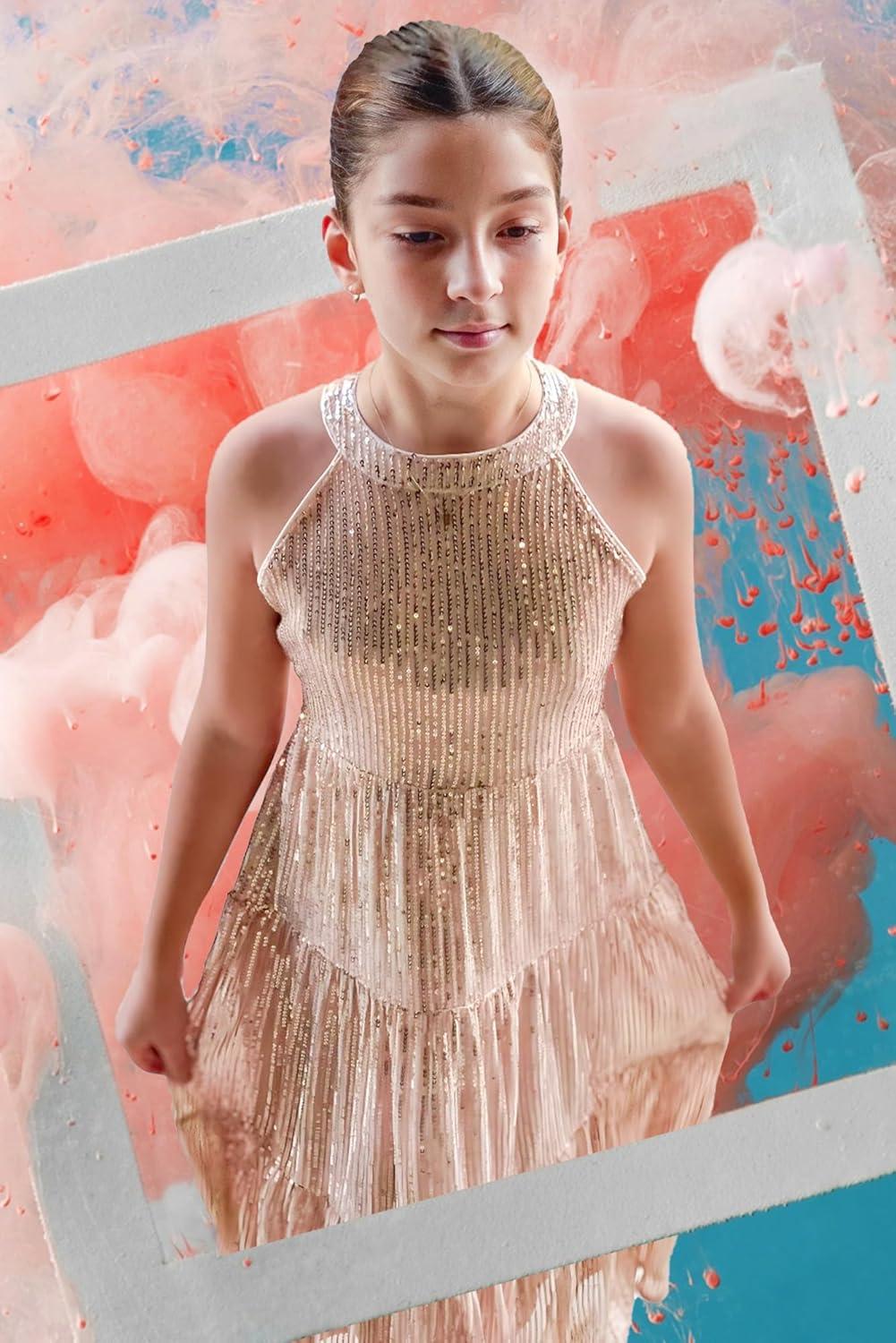 imageGRACE KARIN Girls Sequin Dress Formal Party Elegant Fancy Girls Maxi Long Dress for 514YRose Gold